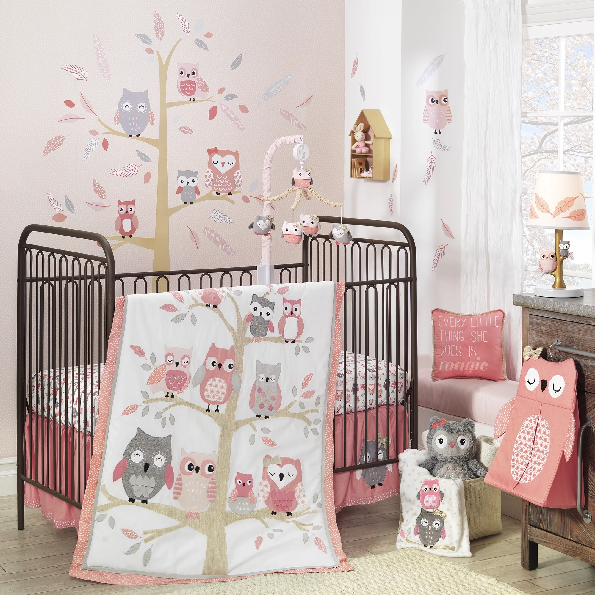 Lambs & Ivy Family Tree Pink/Gray/Tan Owl Musical Baby Crib Mobile