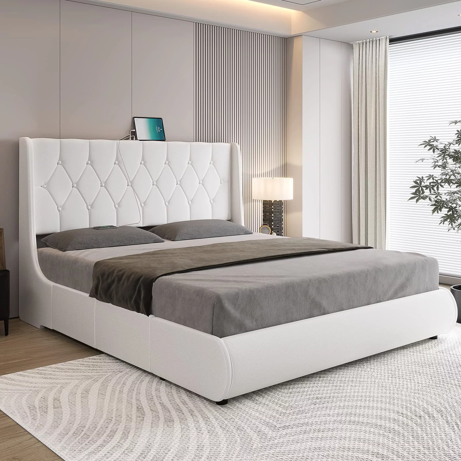 DICTAC Queen Bed Frame with 4 Drawers and Button Tufted Headboard, Faux Leather Upholstered Platform Bed Frame with Type C & USB Ports and Wingback Headboard, White
