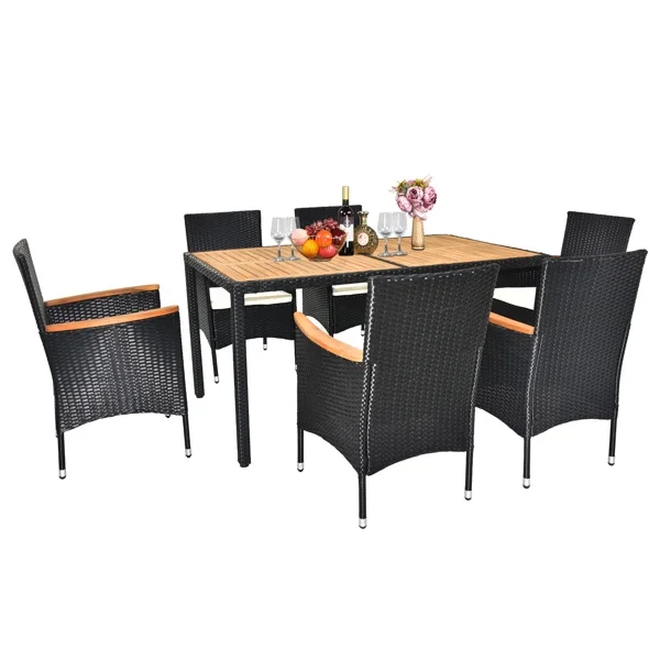 Al Fresco 7 Piece Acacia Wood Patio Dining Set, Space Saving Wicker Chairs with Soft Cushions and Wood Table, Outdoor Furniture Set for Garden Yard Poolside, Black