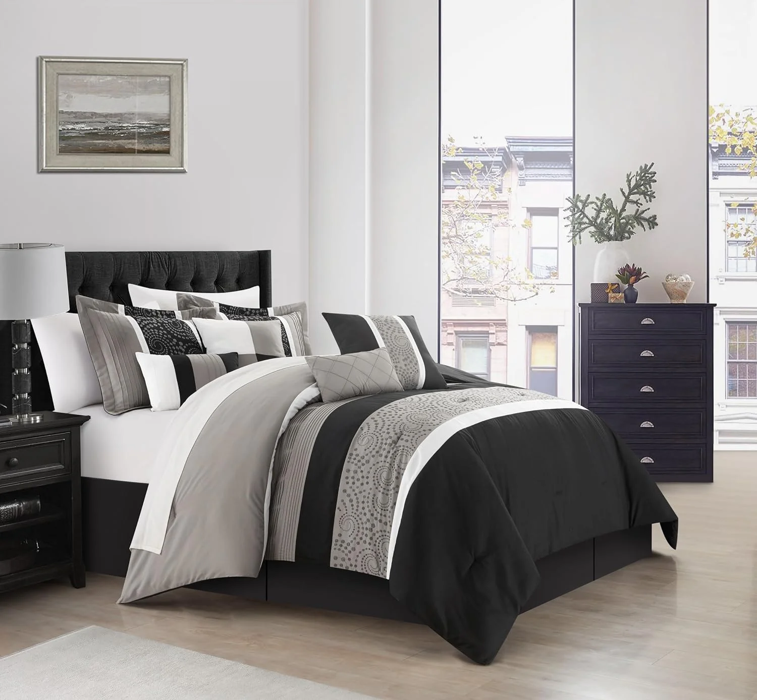 YANRUI Euphoria 8-Piece Embroidered Comforter Set Embroidery Pintuck Bed Skirt and Decorative Pillows Shams, Queen, Black