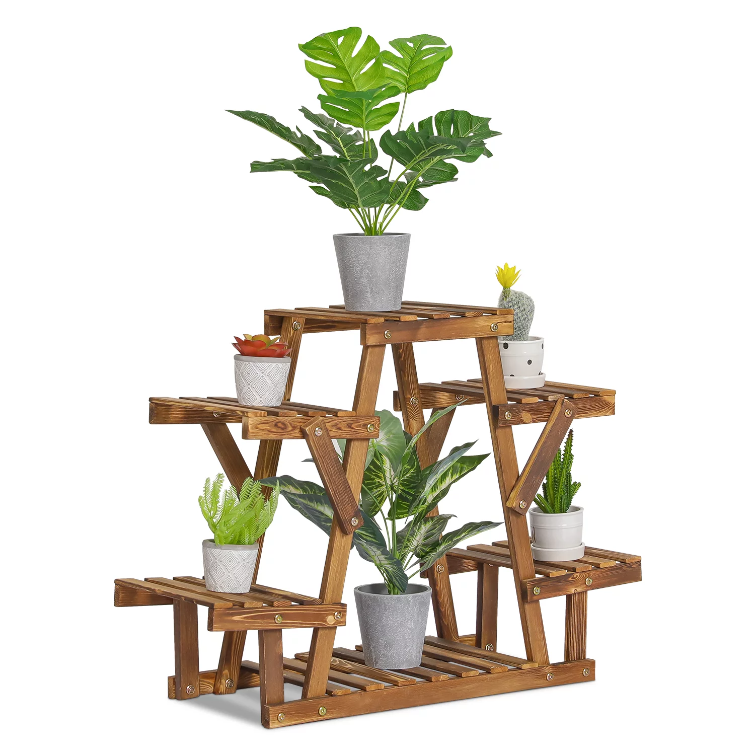 MoNiBloom Wood 4 Tiers Plant Stand, Flower Organizer Rack, Display Shelf, Carbonized, for Garden