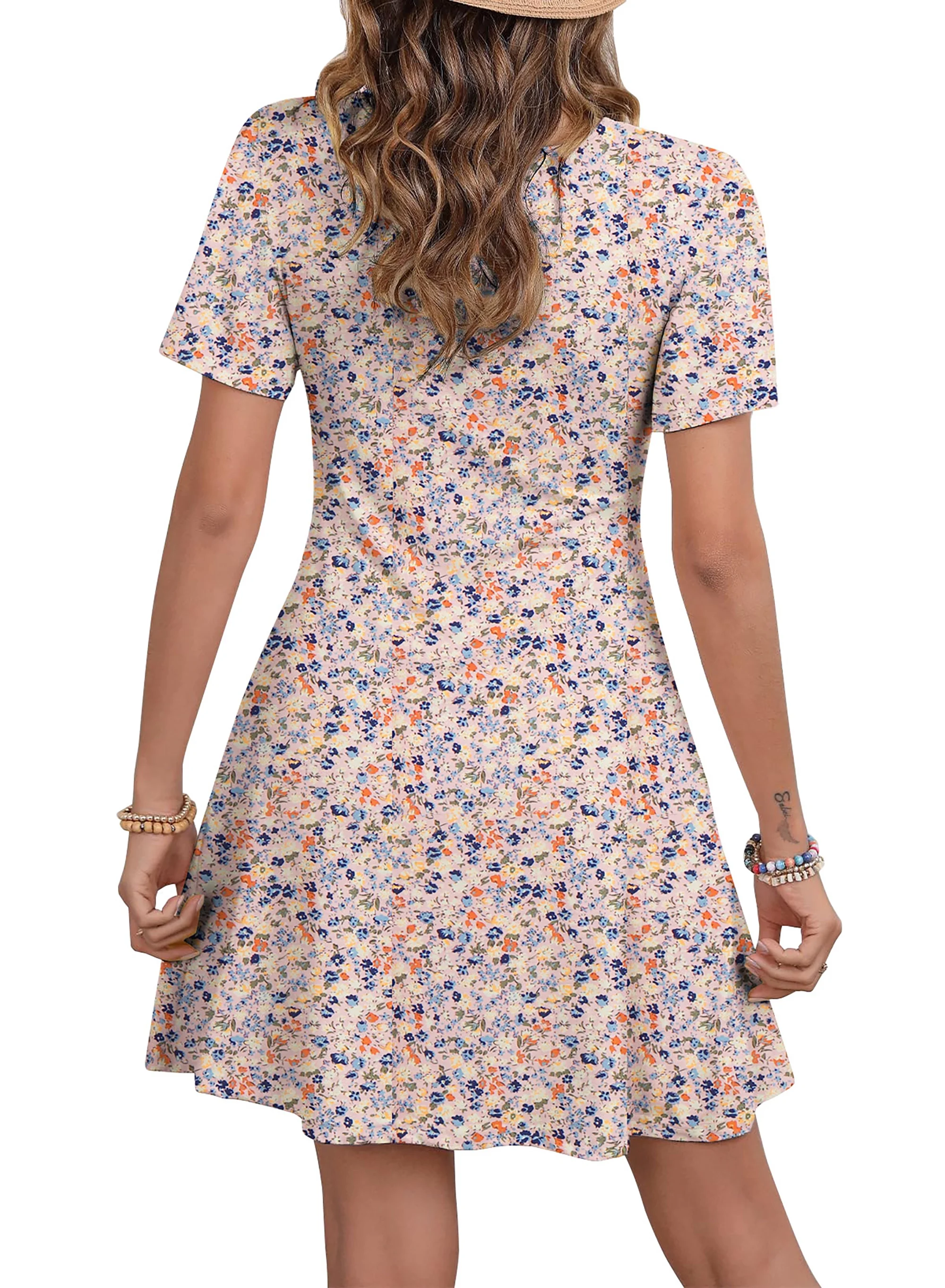 Fantaslook Summer Dresses for Women Short Sleeve Pleated Floral Dresses Tunic Crew Neck Shirts Dress