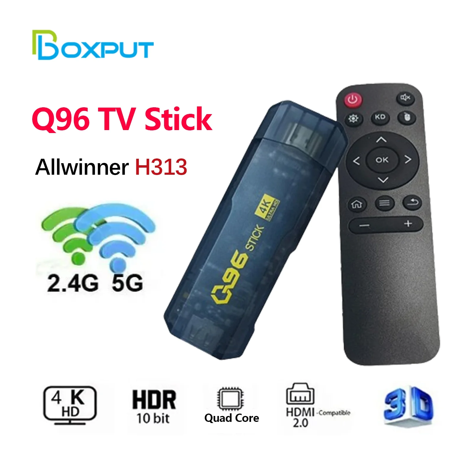 BOXPUT 2024 Q96 Android TV Stick Android 10.0 Allwinner H313 4K TV Stick 2.4G/5G Dual WiFi Smart TV Stick with IR Remote Control(1GB RAM + 8GB ROM)