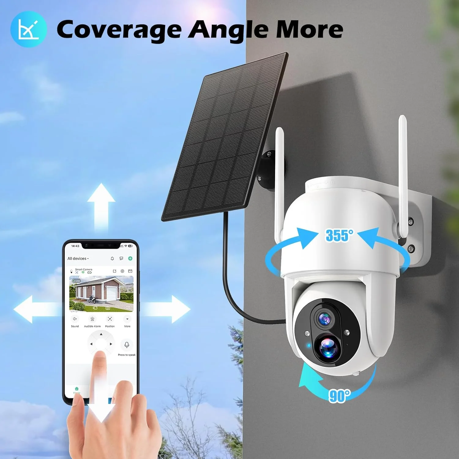 Solar-Powered 2K Security Camera - Wireless, Full 355° PTZ, IP65, Color Night Vision, PIR Alert, Two-Way Talk, Privacy-Protected