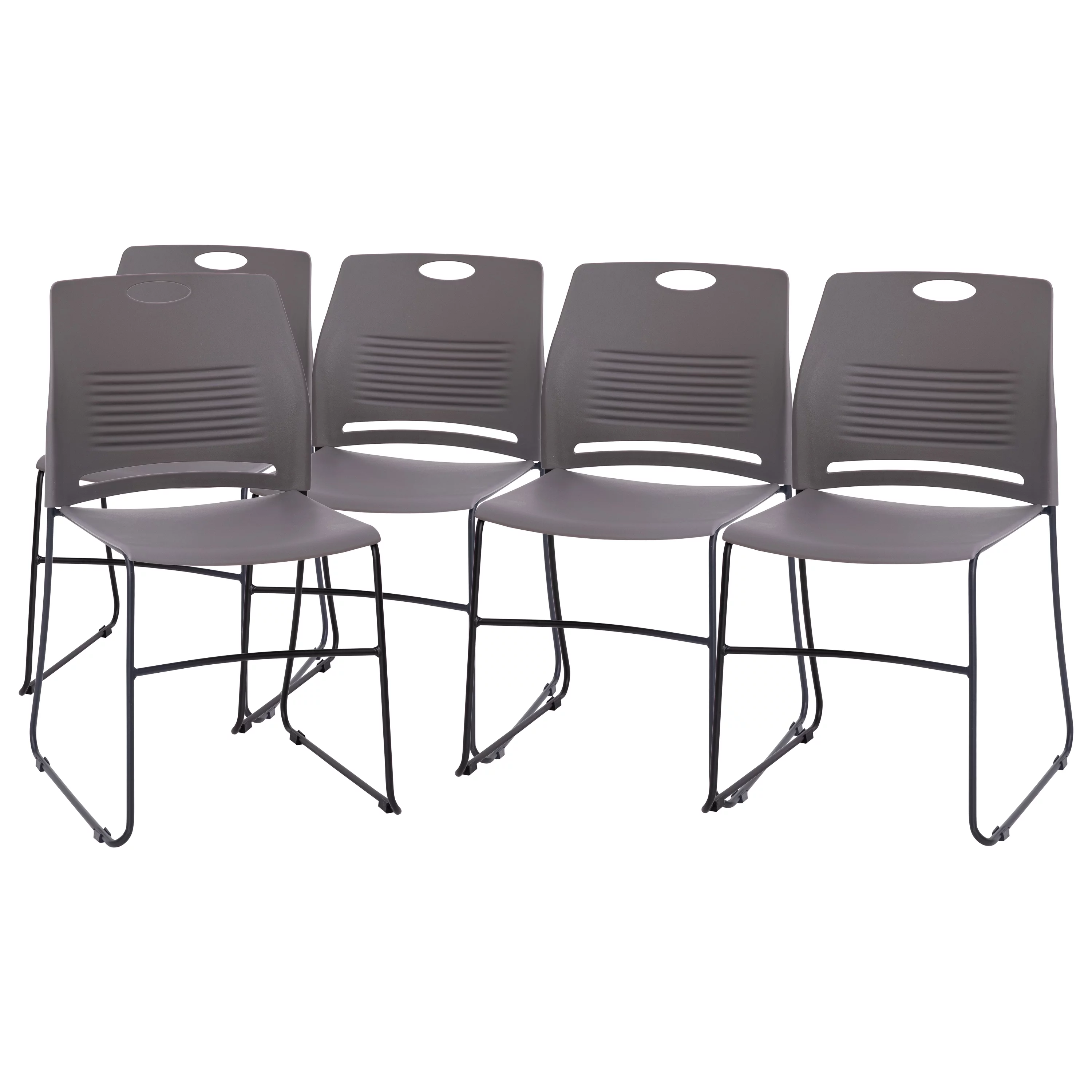 BizChair Set of 5 Commercial 660 lb. Capacity Gray Plastic Stack Chairs with Black Powder Coated Sled Base Frames and Carrying Handle