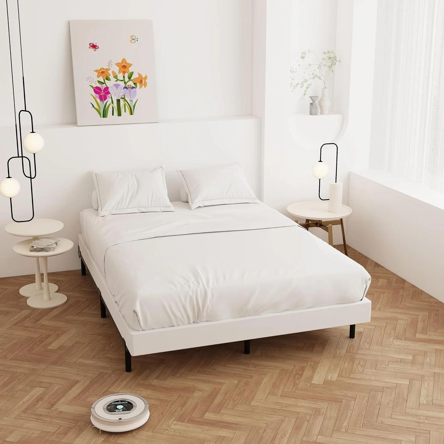 Queen Box Spring 4 Inch Low Profile, Heavy Duty Metal Box Spring Bed Base with Fabric Cover, Mattress Foundation, Easy Assembly, Noise Free, Black