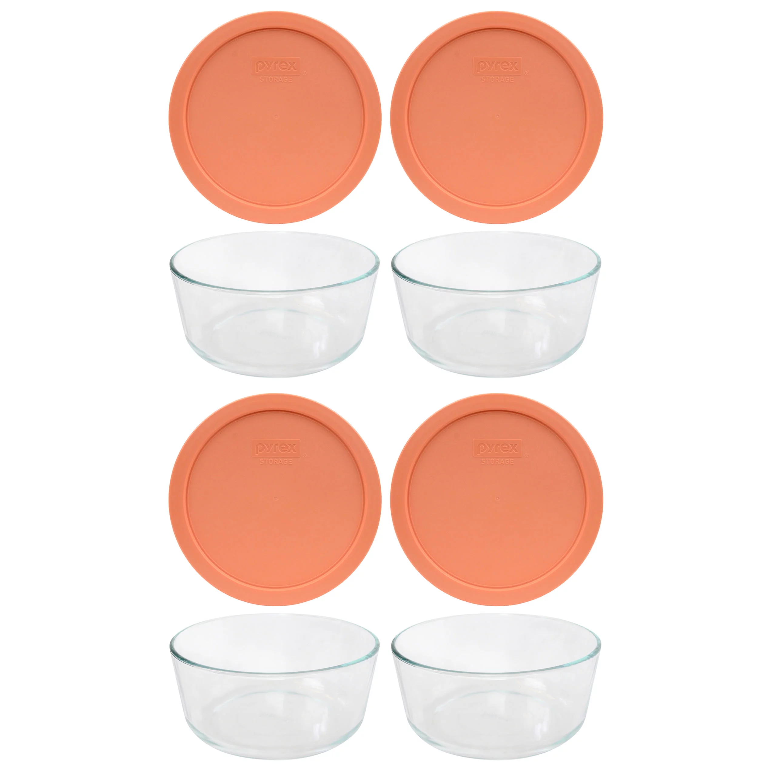Pyrex 7203 7-Cup Glass Food Storage Bowl and 7402-PC Bahama Sunset Orange Plastic Lid Cover (4-Pack)