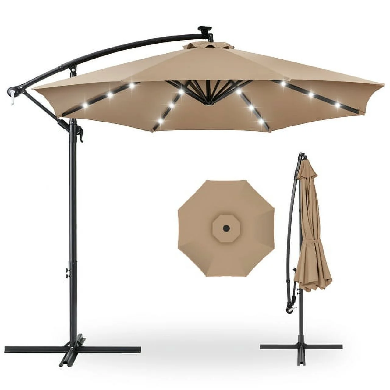 10 FT Solar LED Patio Outdoor Umbrella Hanging Cantilever Umbrella Offset Umbrella Easy Open Adustment with 32 LED Lights