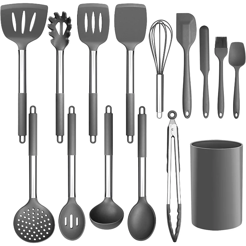 15pcs/set, Non-Stick Silicone Cooking Utensil Set with Metal Handle - Spatula Set - Kitchen and Cookware Essentials for College Dorm and Apartment - Black