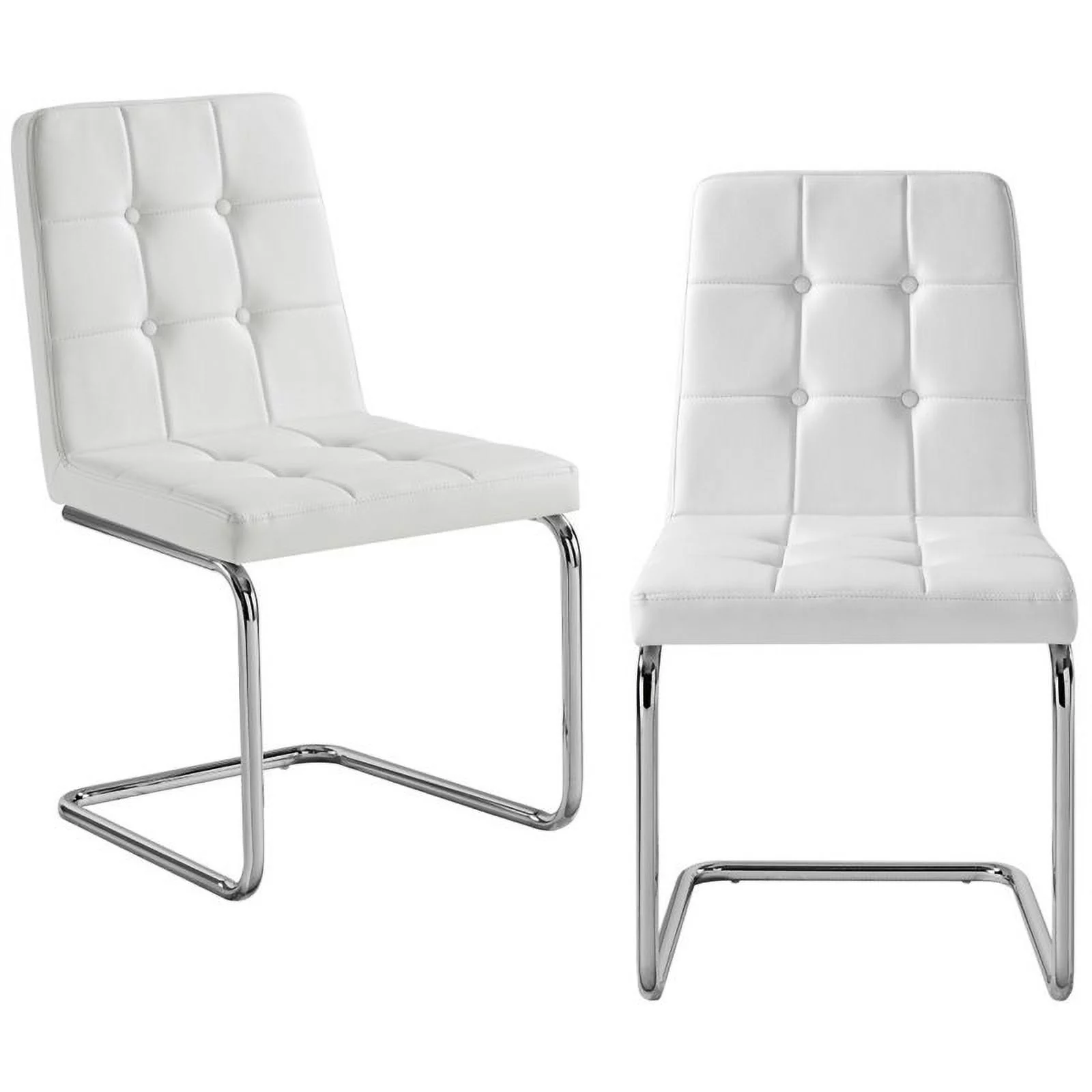 Jonathan PU Leather Biscuit Tufted Armless Chrome Frame Dining Chair (Set of 2), White
