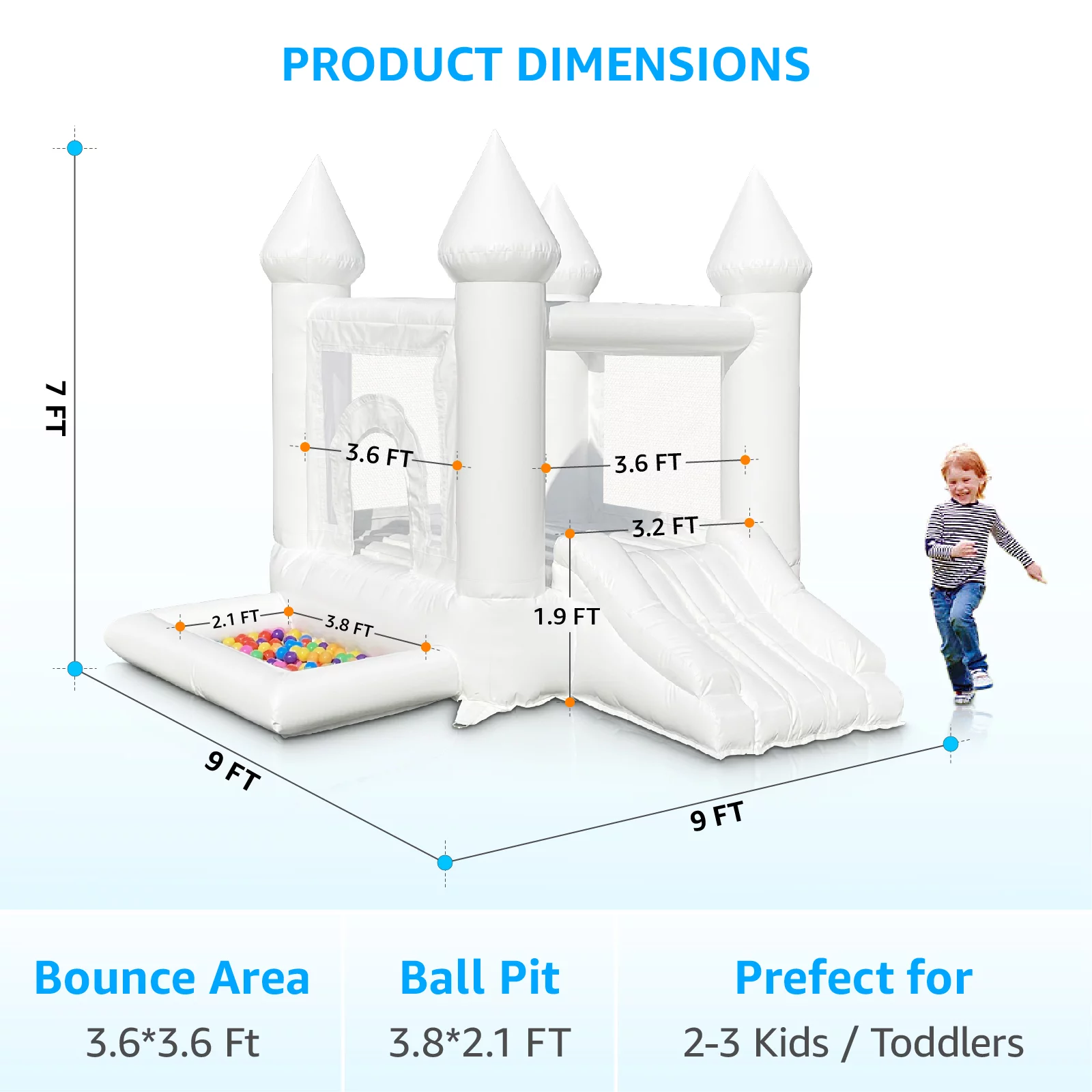 White Bounce House for Toddler&Kids with Air Blower Vinyl Material Inflatable Jumping Castle with Slide & Ball Pit , Durable and Easy to Set up, Family Backyard Bouncy Castle (9x9x7ft)