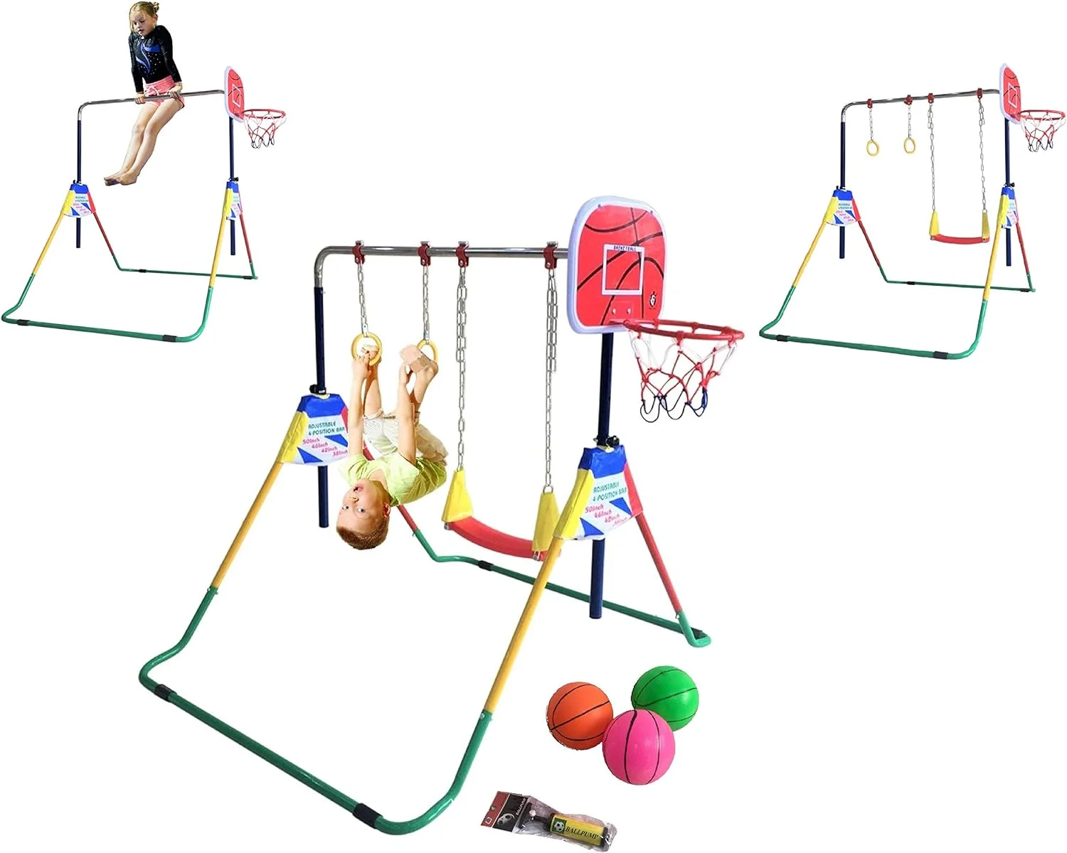 Kids Jungle 4 in 1 Kid Climb and Deluxe Swing Set Playground Child Horizontal Bar Playset Trapeze Rings Gymnastics Monkey Bars Basketball Net Hoop w 3 Balls Expandable Junior Training Bar Foldable