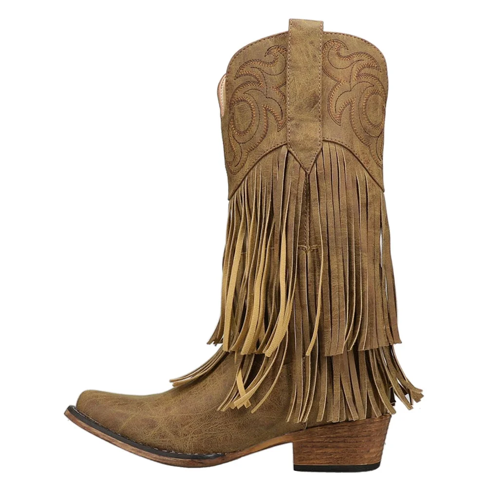 Roper  Womens Rickrack Embroidery Fringe Snip Toe Cowboy  Casual Boots   Mid Calf Low Heel 1-2
