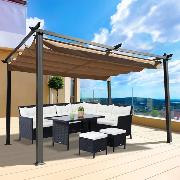 Fithood 13 x 10 Ft Outdoor Patio Retractable Pergola，Beige