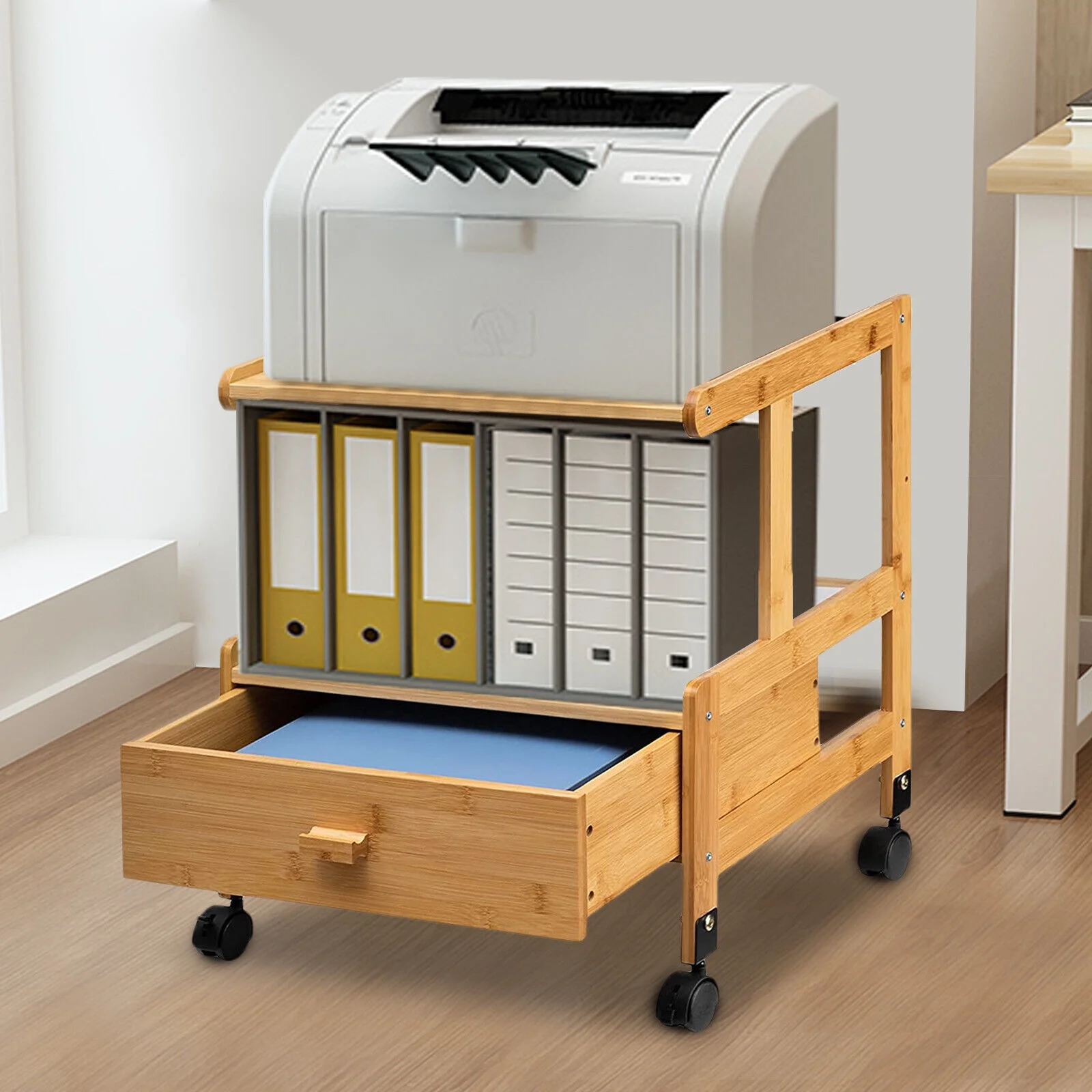 ZhdnBhnos 2 Tiers Mobile Printer Stand Holder Wood Storage Shelves Rolling Cart with Wheels Space Saving Display Rack Organizer with Drawer for Home Office