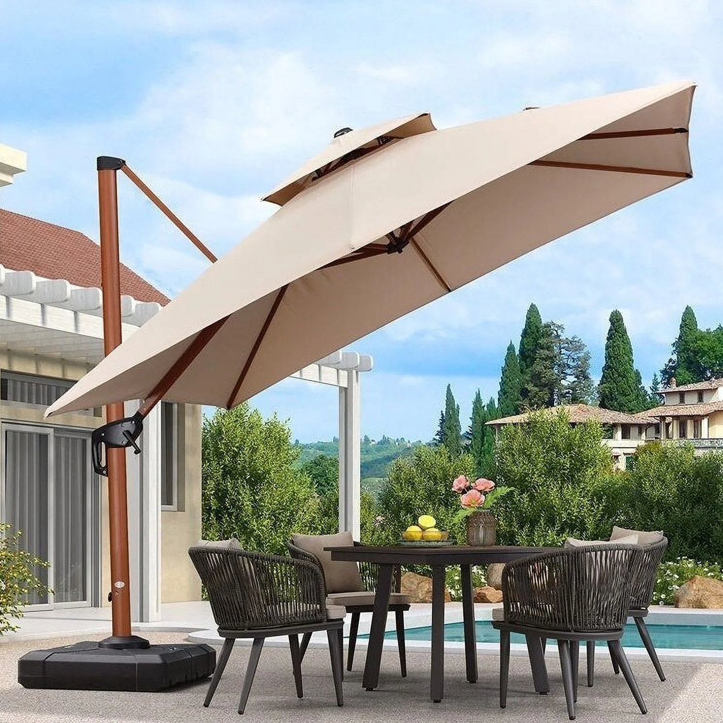 PURPLE LEAF  10ft Square Wood Pattern Patio Cantilever Umbrella Cream