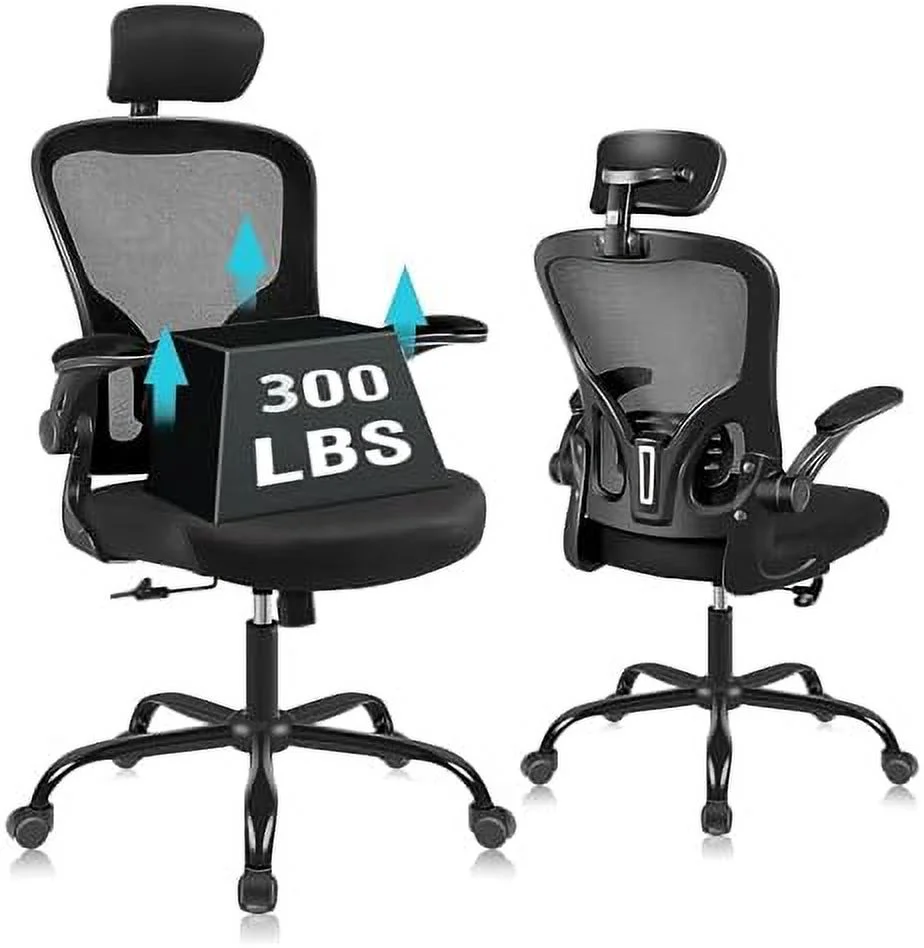 JDZHAPPYLIFE Ergonomic Office Desk Chair Breathable Mesh Swivel Computer Chair  Lumbar Back Support Task Chair  Office Chairs with Lumbar Support Headrest and Flip-up Arms(Black)