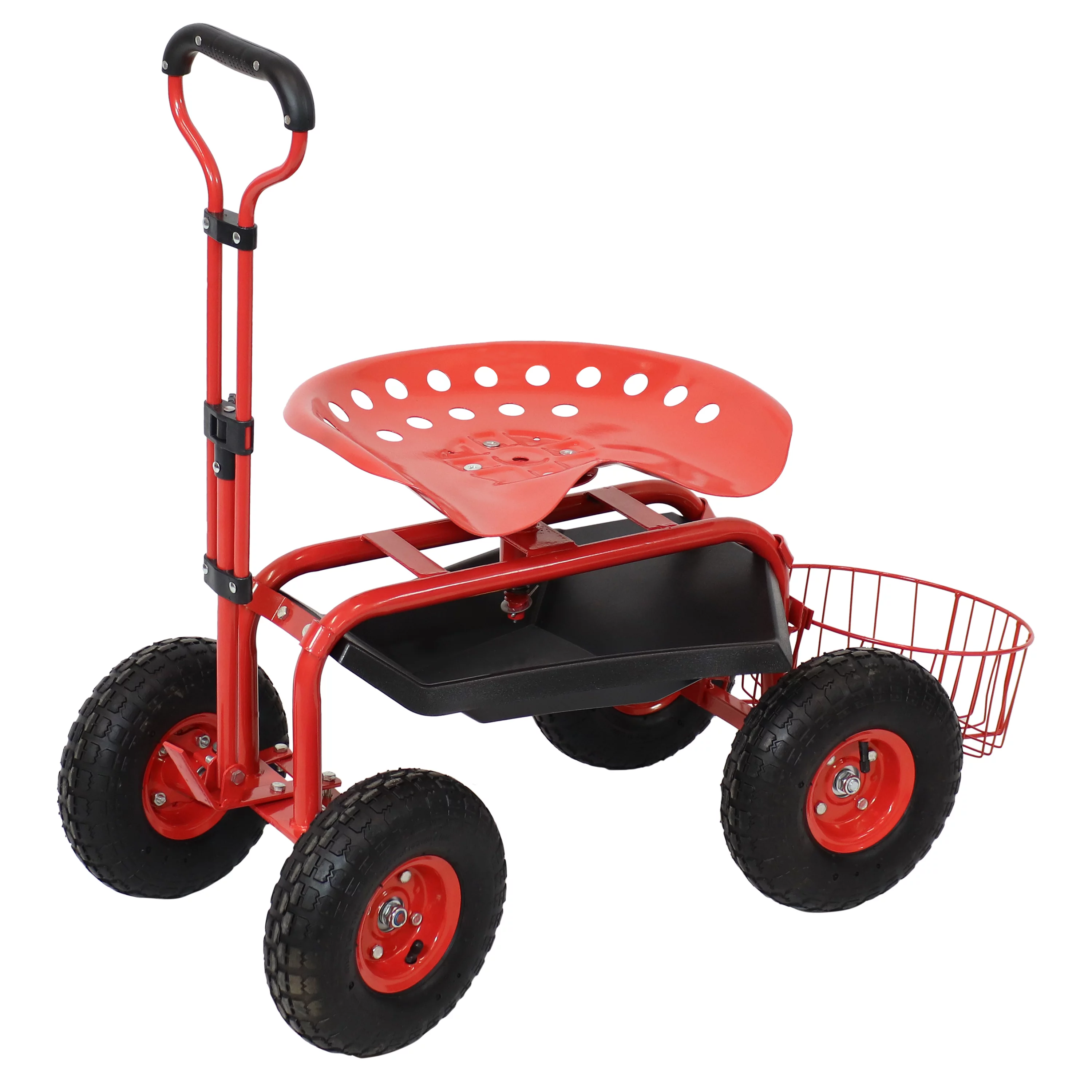 Sunnydaze Rolling Garden Cart with Steering Handle and Swivel Seat - Red