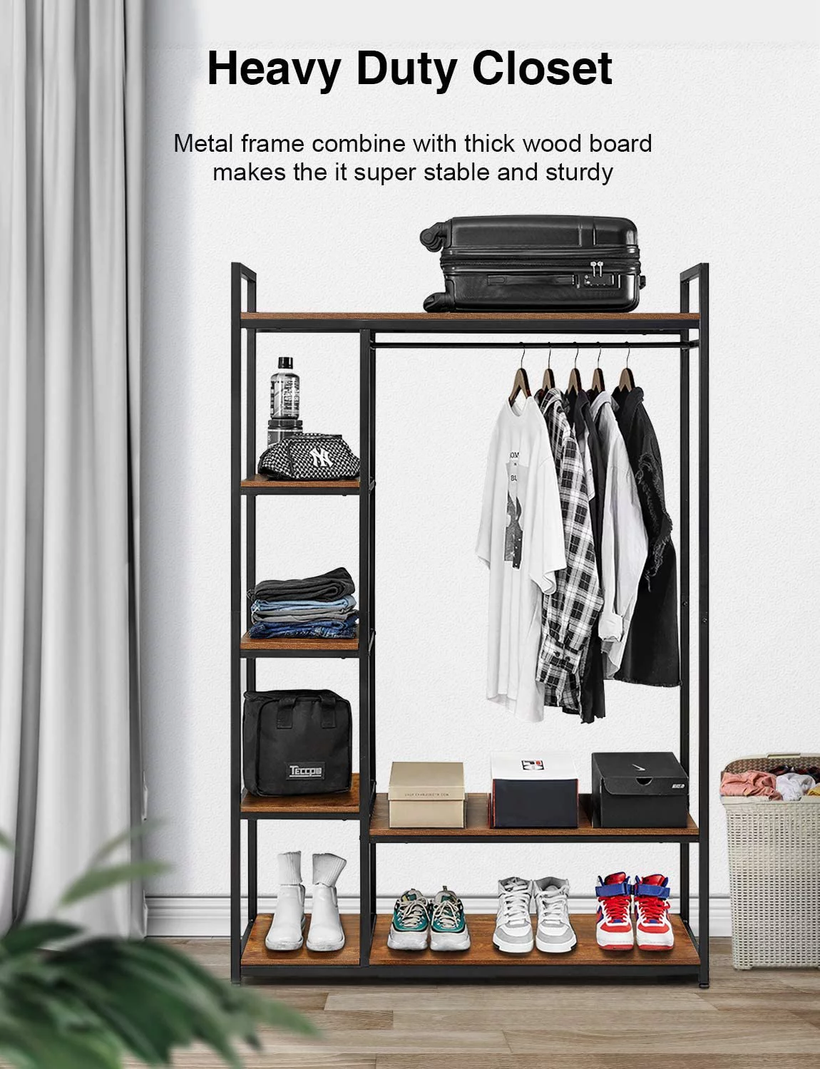 Homfa Clothes Rack, 47.24'' Wardrobe Closet, Freestanding Garment Rack with Shelves, Brown