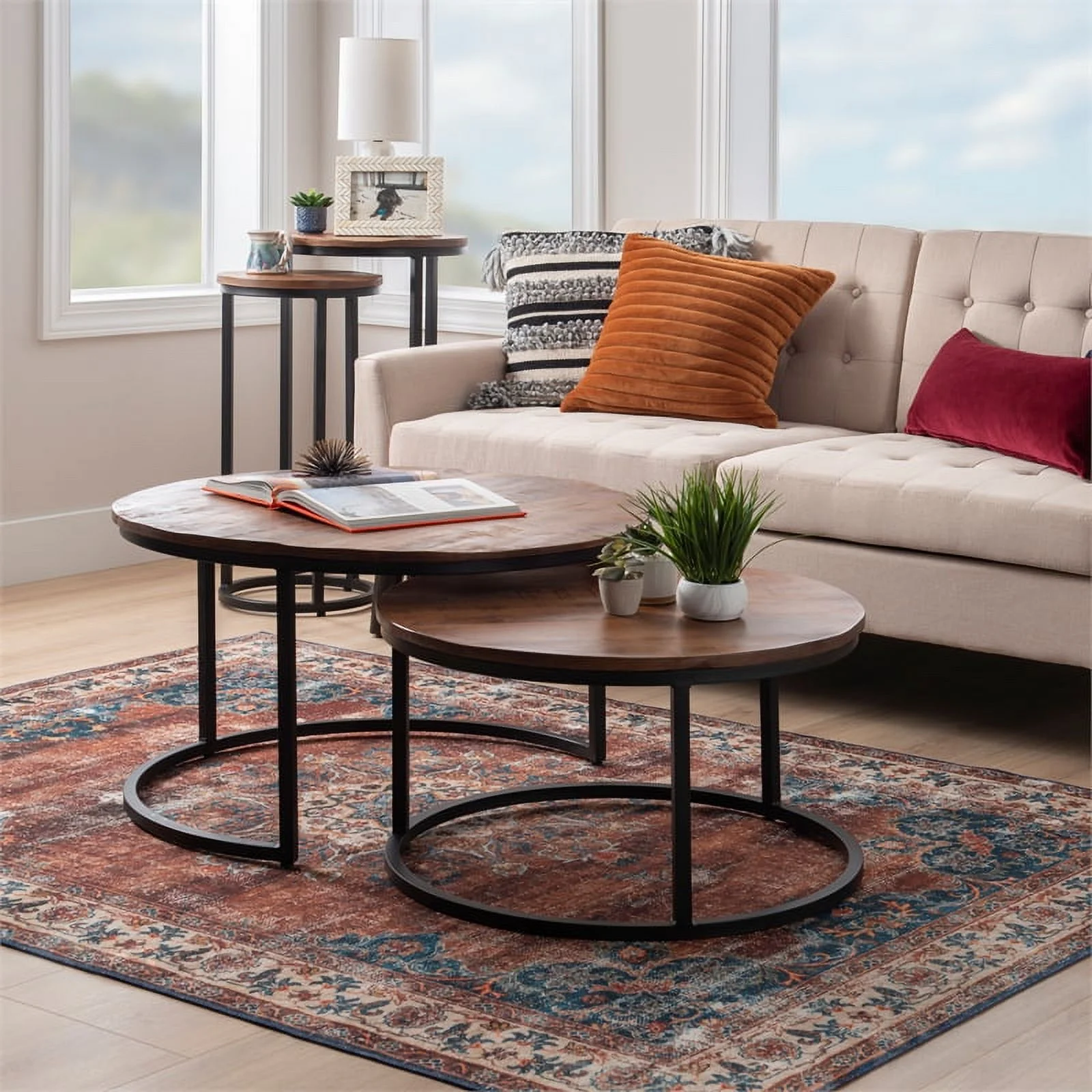 Linon Mina Round Wood Nesting Coffee Tables (Set of 2) in Black Matte Iron