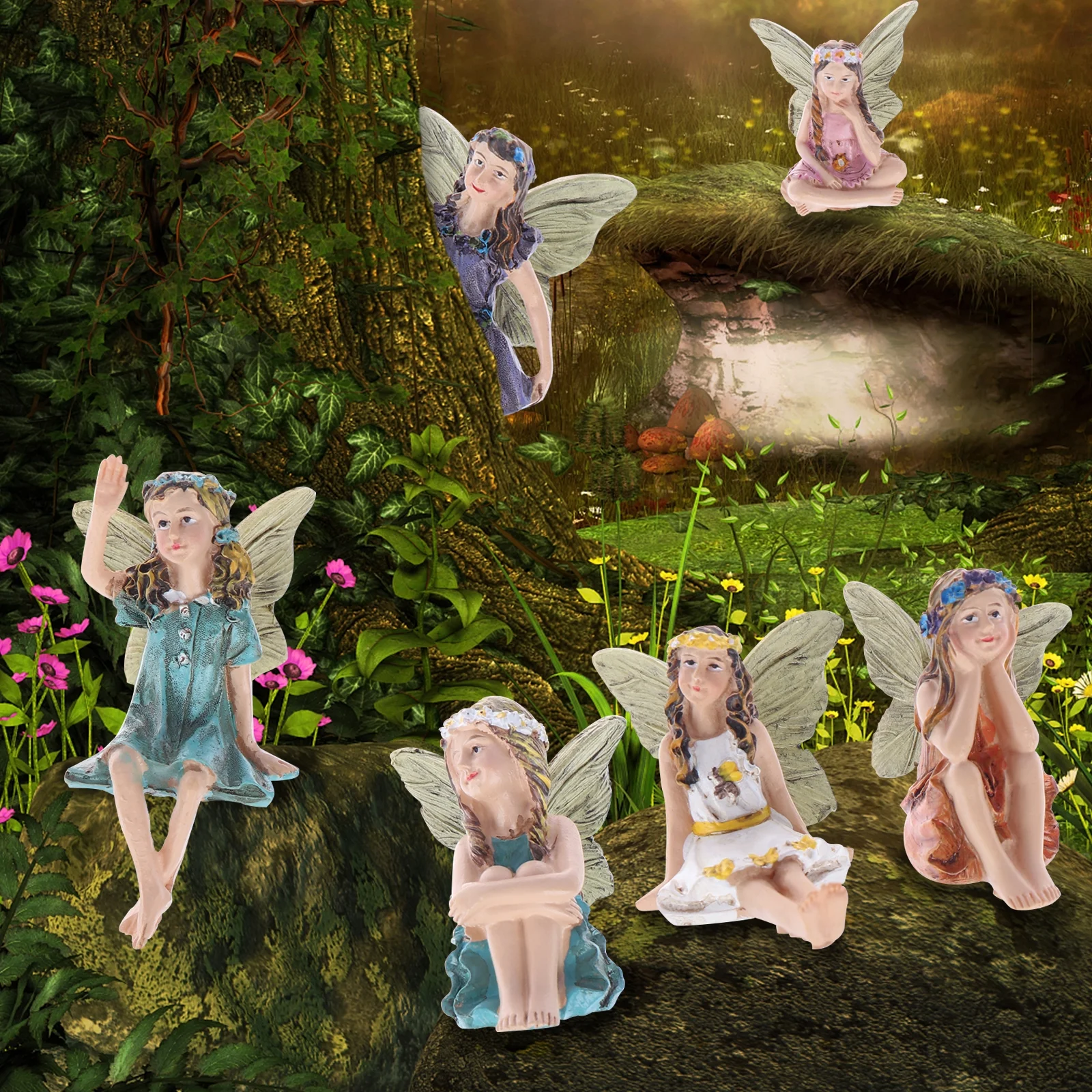 6 Pcs Flower Fairy Pixie Fly Wing Miniature Flower Fairy Figures Miniature Fairy Garden Accessories Dollhouse Ornament Garden Decoration Comes with Box