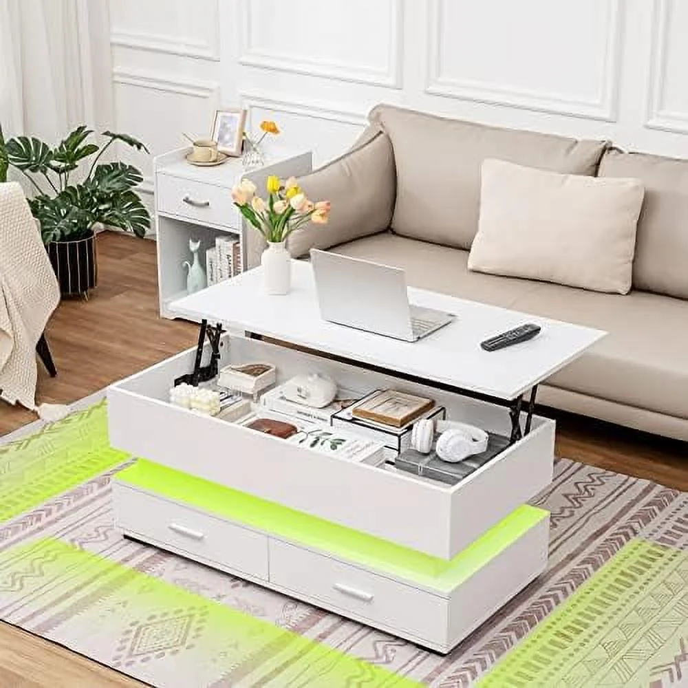 CHTYVC LED Coffee Table  Smart Coffee Table with Charging Station  Lift Top  21 Colors Change  2 Tiers Modern Tea Table with   Living Room   Rectangle Design  White