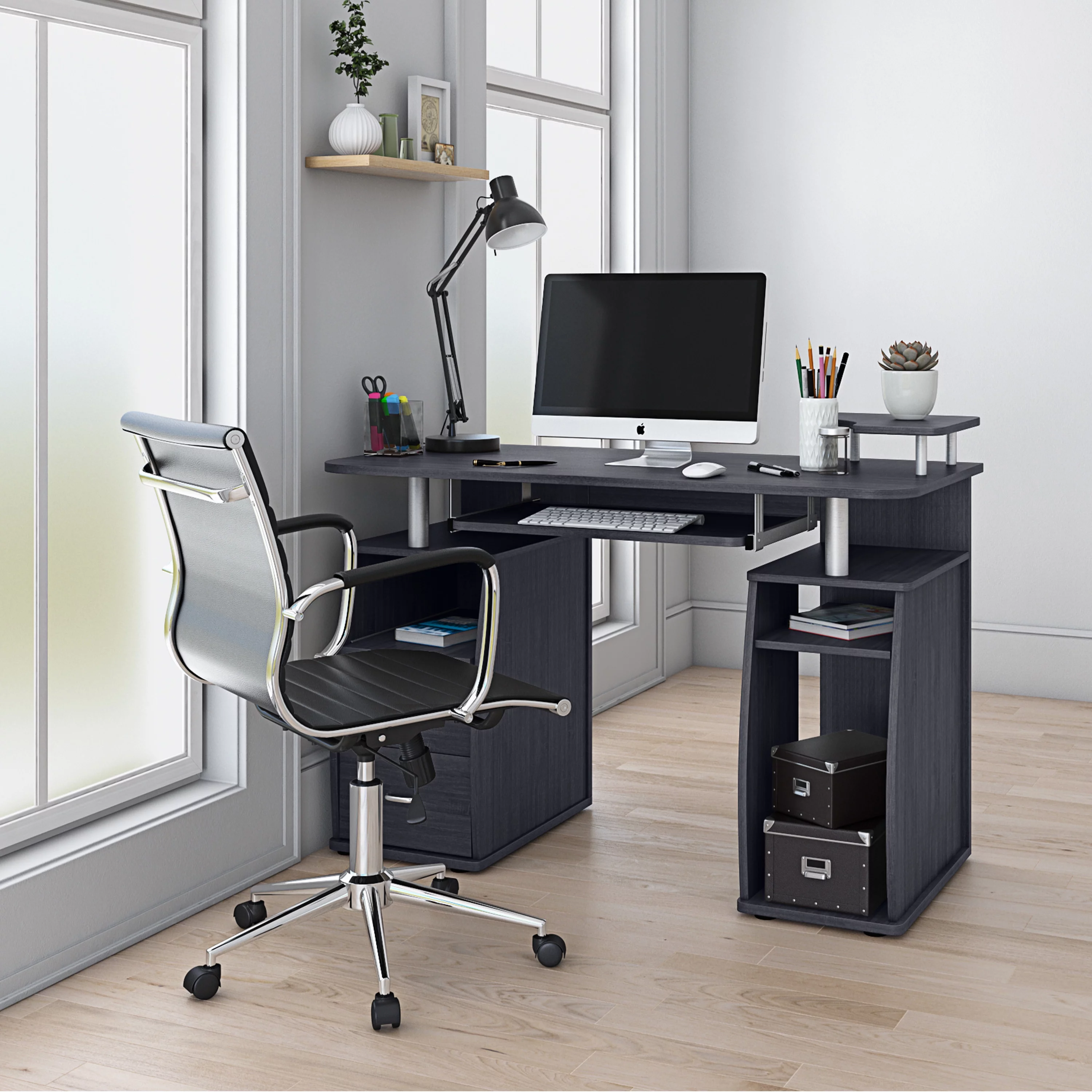 Dcenta Complete Computer Workstation Desk With Storage, Espresso