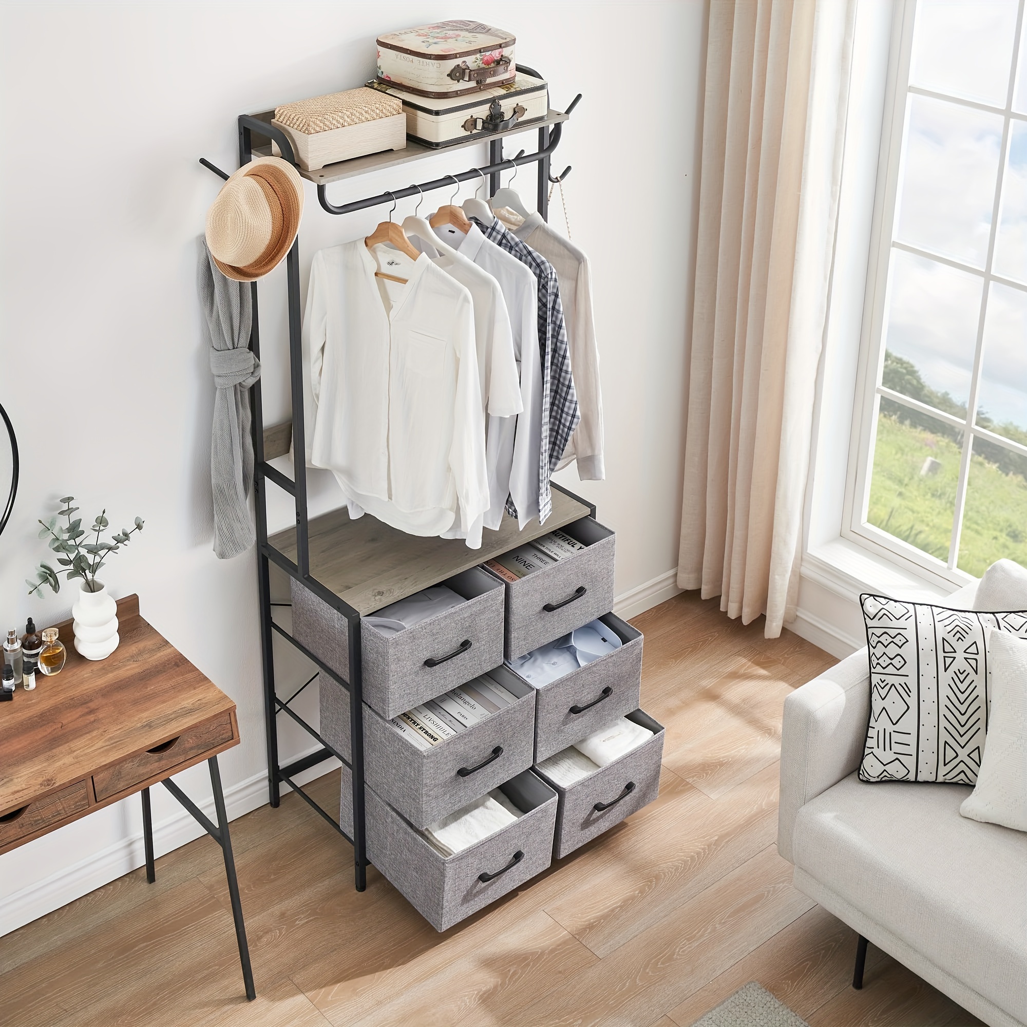 1pc Clothing Rack with 6 Drawers, Freestanding Closet Organizer, Clothes Stand Dresser with Steel Frame & Wooden Top, Tall Closet Storage Organizer, Garment Rack for Hanging Shirts, Dresses, Jackets