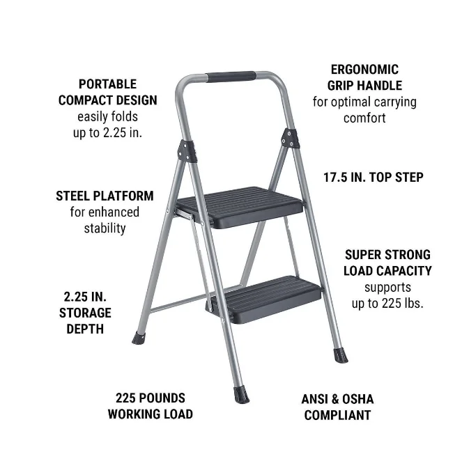 Two-Step Steel Stool with Ergonomic grip handle, 225 Lbs Capacity Folding Step Stool for Kitchen Household Office