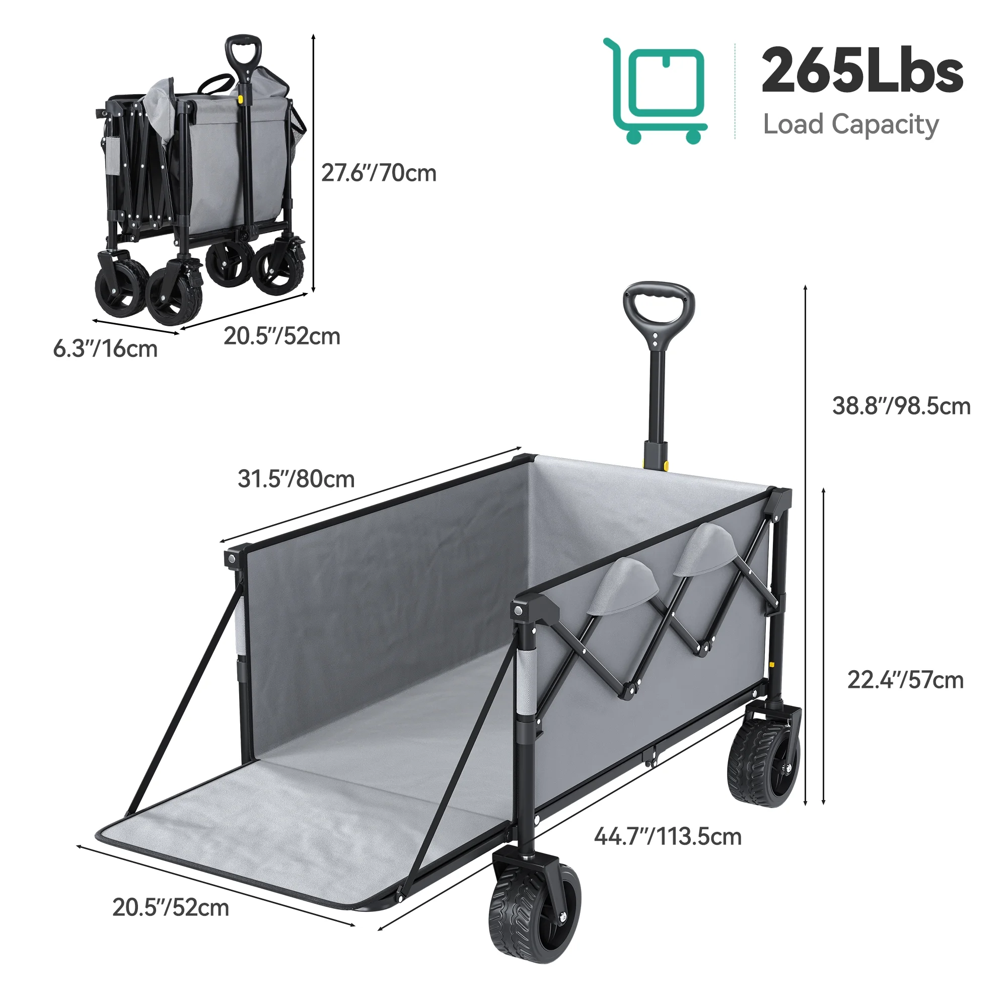 Dextrus 45'' Folding Utility Wagon, 265lbs Heavy-Duty Cart , with All-Terrain Wheels, Foldable Tailgate, Ideal for Shopping, Sports, and Camping,Gray