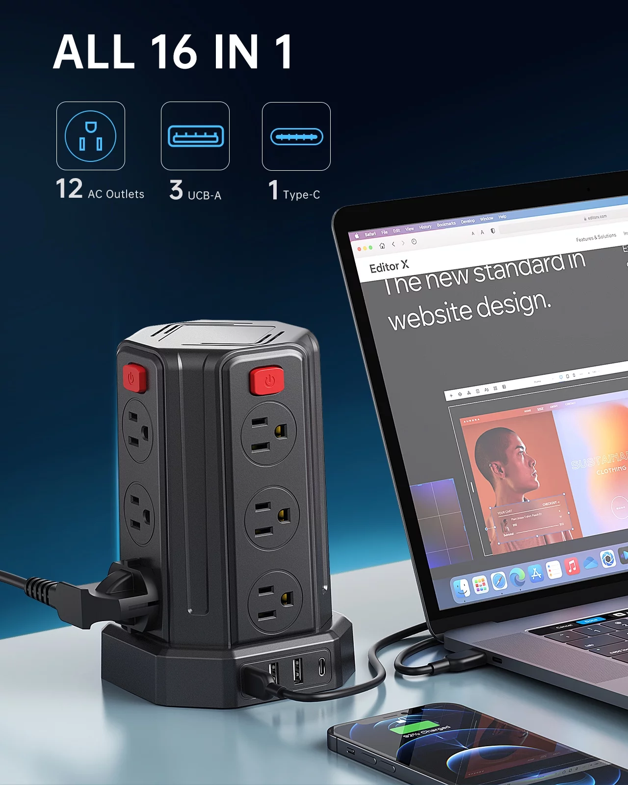 Power Strip Tower Surge Protector 16.4FT Extension Cord Overload Protection USB C 12 Outlet 4 USB Port