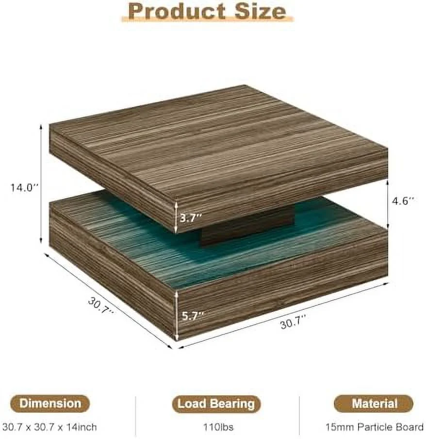 GEROBOOM White Black LED Coffee Table with  for Living Room Modern Smart Tall Square Center Table 2 Tier Display  20 Colors Light Wood Bedroom Reception Office