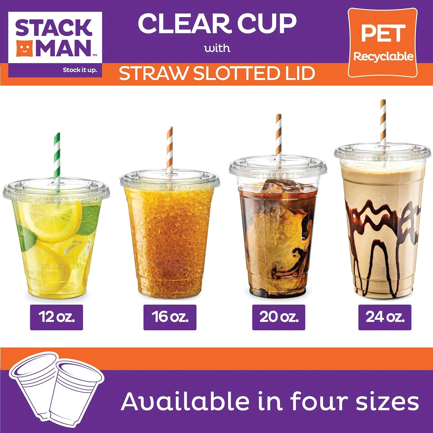Stack Man [100 Sets - 24 oz.] Clear Plastic Cups with Straw Slot Lid, PET Crystal Clear Disposable 24oz Plastic Cups with lids