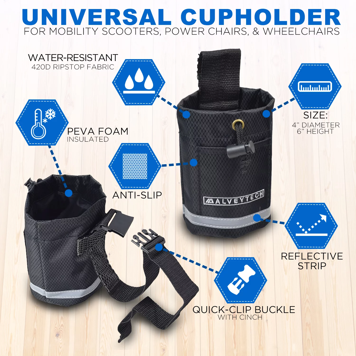 AlveyTech Unbreakable Universal Fabric Cup Holder for Mobility Scooter, Walker, E-Bike (Black)