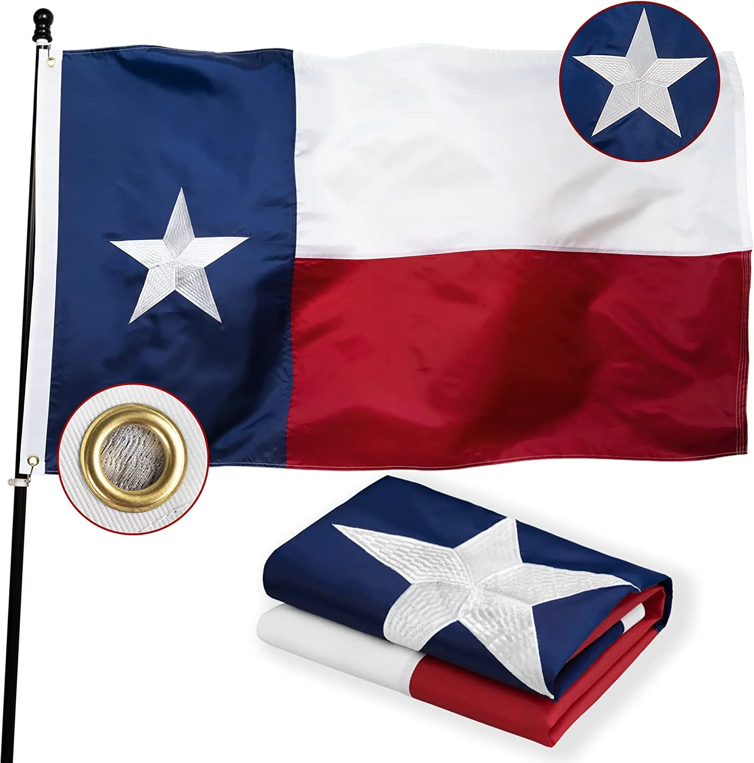 Texas Flag 4x6 Feet Embroidered Star Sewn Stripes Outdoor Heavy Duty 210D Oxford Nylon Flags Vivid Color - Canvas Header Brass Grommets and 4 Stitch Hemming USA Flag
