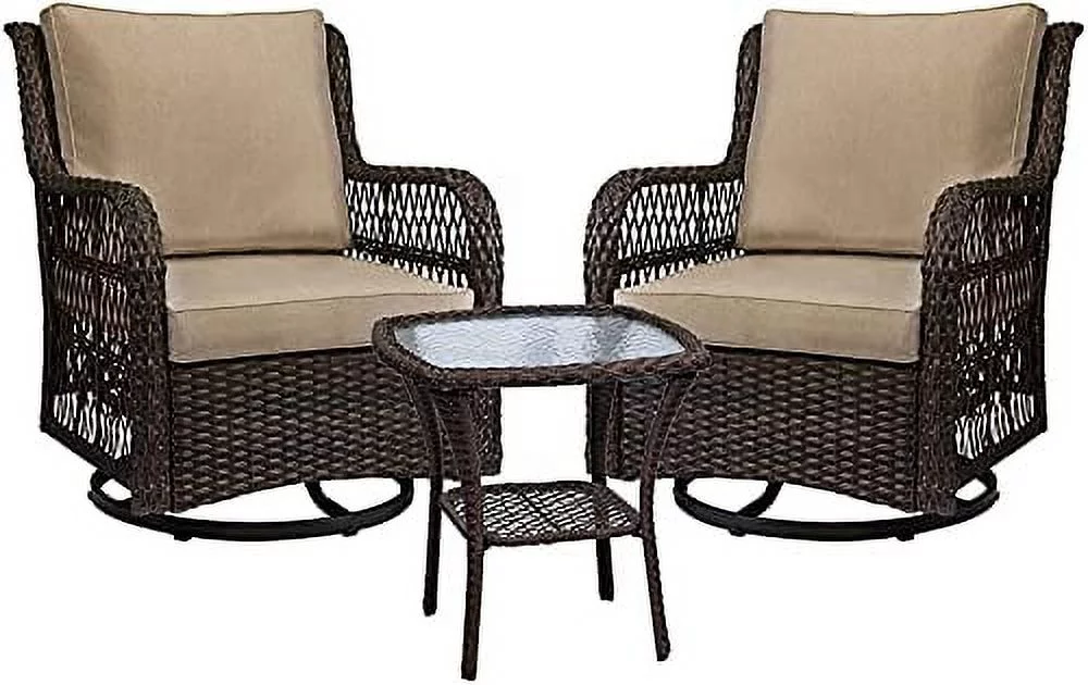 Outdoor Wicker Swivel Rocker Patio Set, 360 Degree Swivel Rocking Chairs Elegant Wicker Patio Bistro Set with Premium Cushions and Armored Glass Top Side Table for Backyard