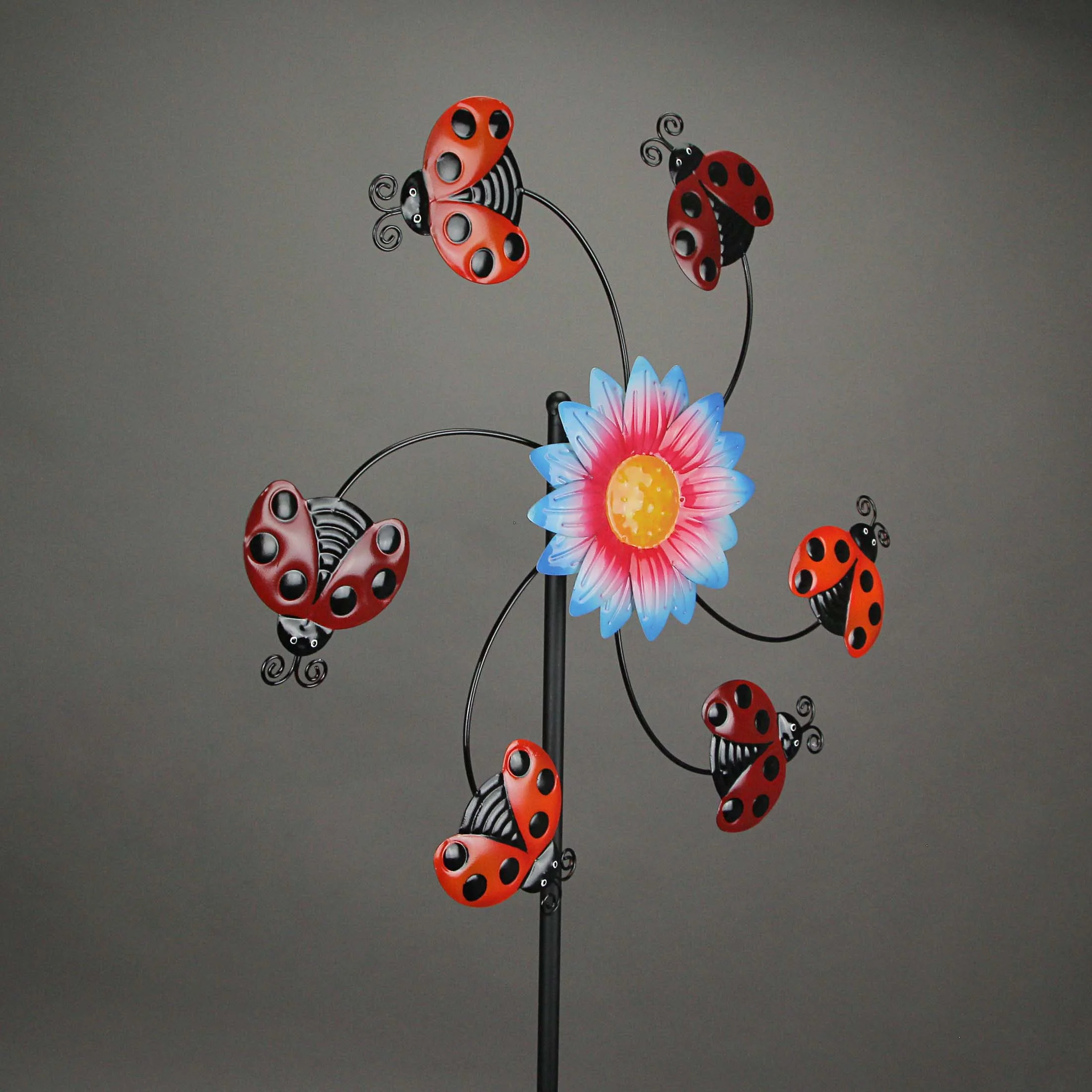 Direct International Ladybug and Flower Metal Twirler Wind Spinner Garden Stake 70.5 inch