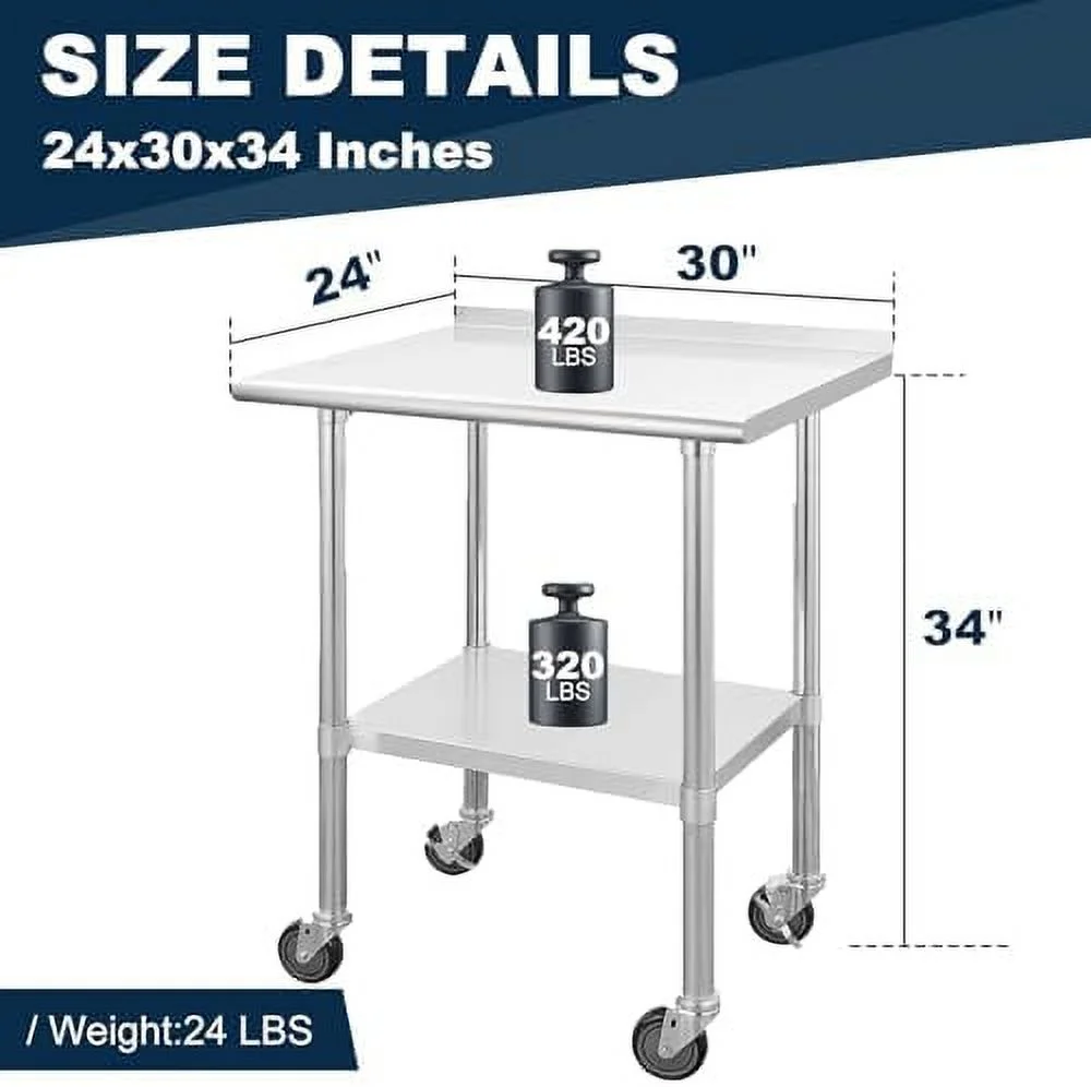 TJCGDTY YBLFDY 24x30 Stainless Steel Table with Wheels  NSF Kitchen Prep Table with Backsplash Metal Table with Adjustable Under  Stainless Steel Work Table for Restaurant Hotel Garage