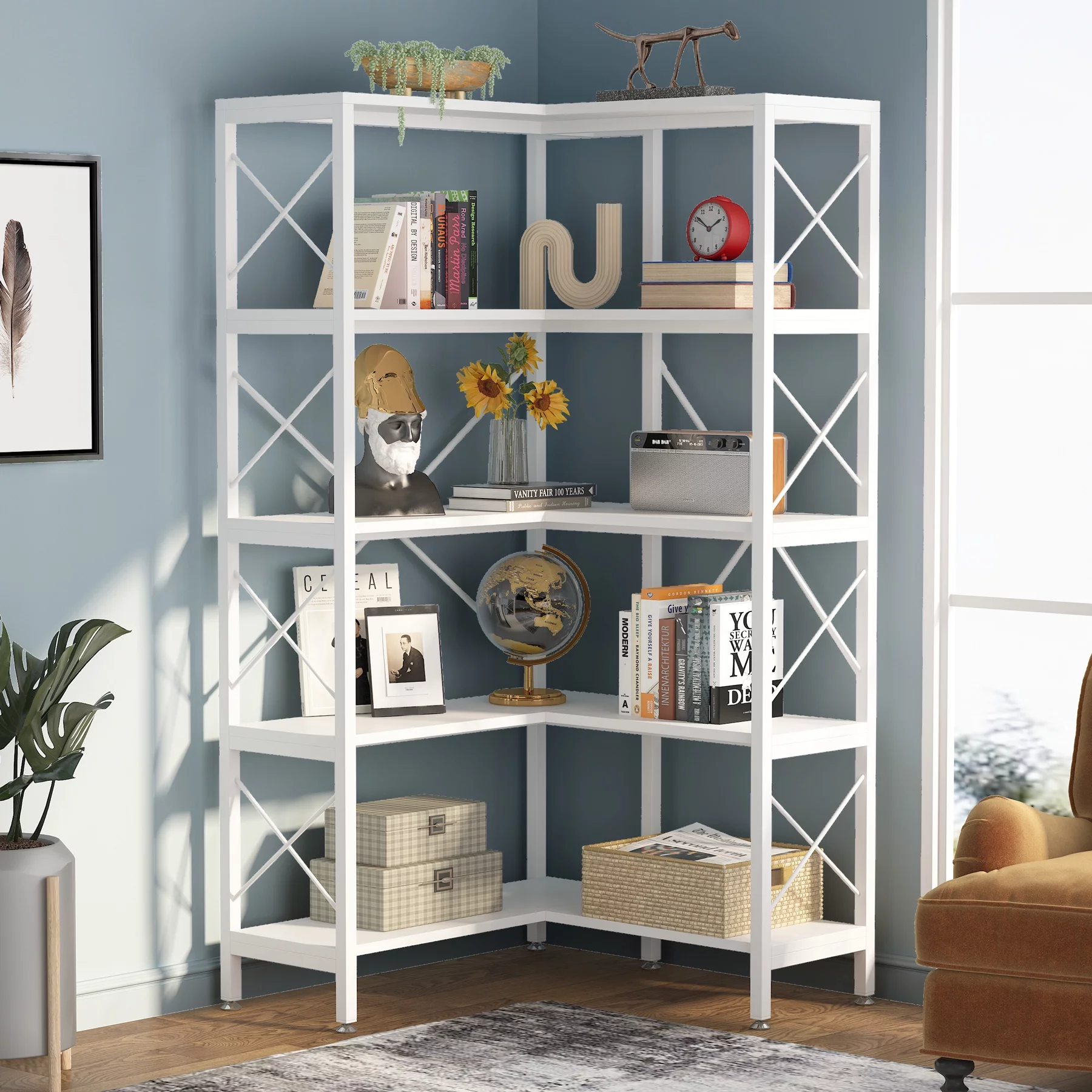5 Tier Industrial Corner Shelf Bookcase, Tall Vintage Bookshelves Etagere, Storage Display Rack, White