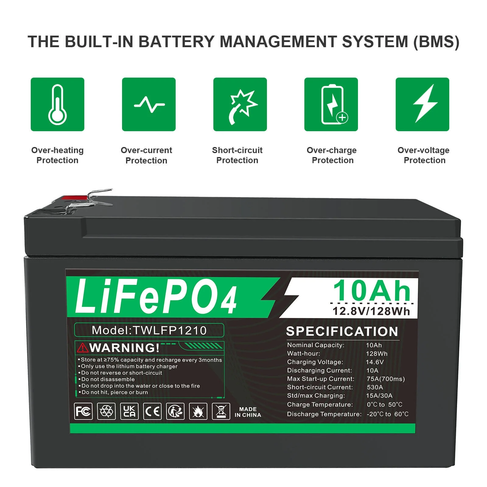 BMS LiFePO4 Battery 12V Lithium 10Ah 2000+ Deep Cycle for RV Boat Home Outdoor