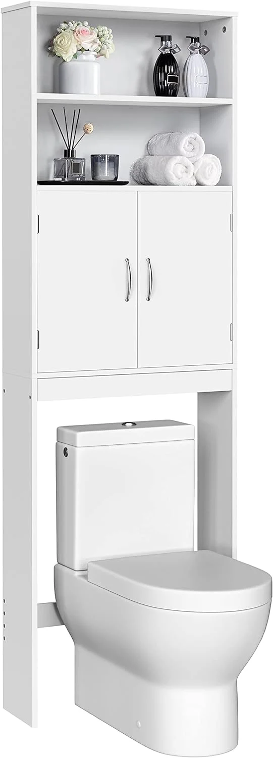 Over The Toilet Storage, Taller Bathroom Organizer Space-Saving Storage Cabinet with Adjustable Shelves and Double Doors, 77 in H, White