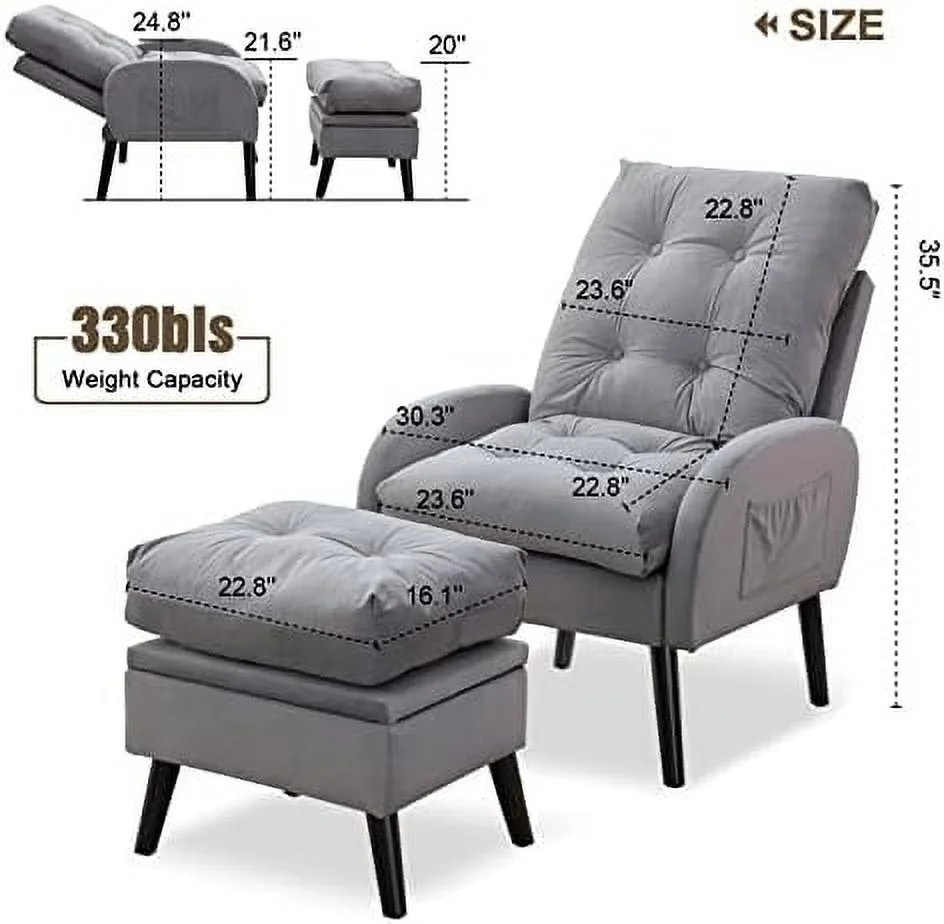 MQLIFEBOOM Accent Recliner Chair with Ottoman with   Modern Velvet Armchair with Adjustable Backrest and Side Pocket  Single Sofa Chair Lounge Chair for Living Room  Bedroom  Office (Blue