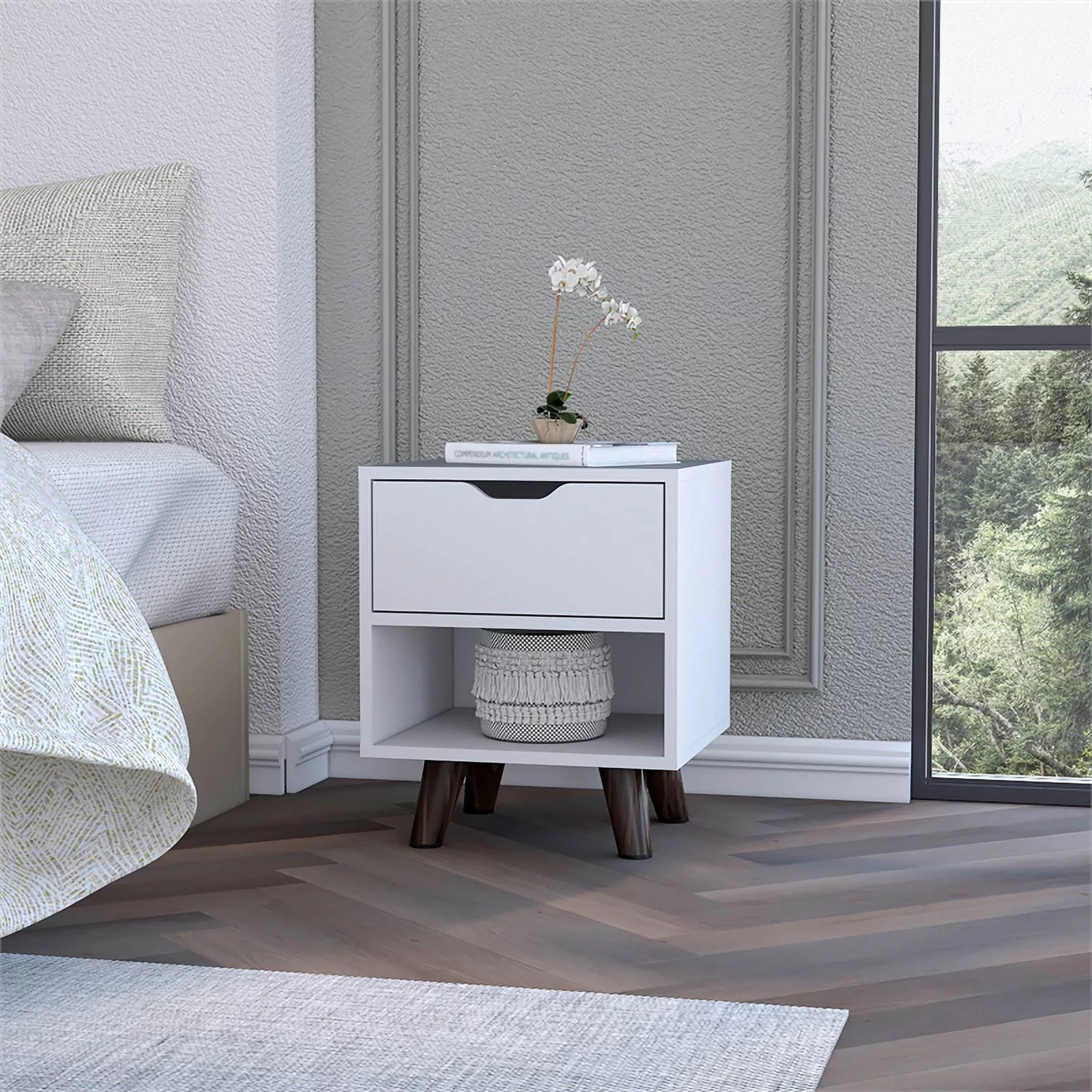 Home Square Engineered Wood Nightstand 1 Drawer in White - Set of 2