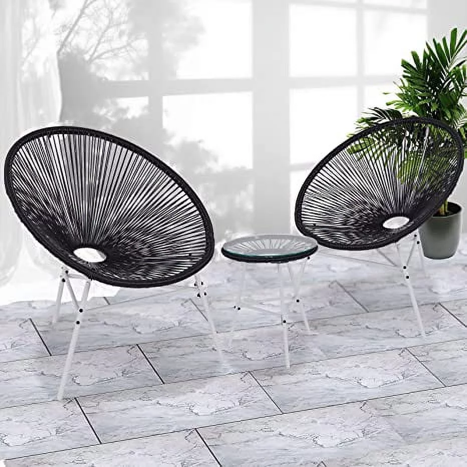 EURO SAKURA 3-Piece Outdoor Patio Bistro Set, Acapulco Chairs,Glass Top Table and 2 Chairs Black