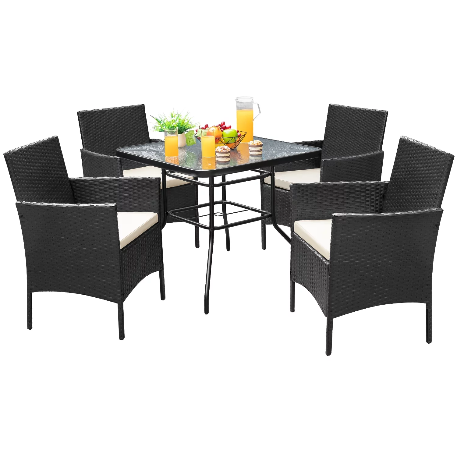 LACOO 5 Seating Capacity Patio Furniture Dining Set Outdoor Wicker Chairs with Tempered Glass Table, Beige Cushion, Metal Frame