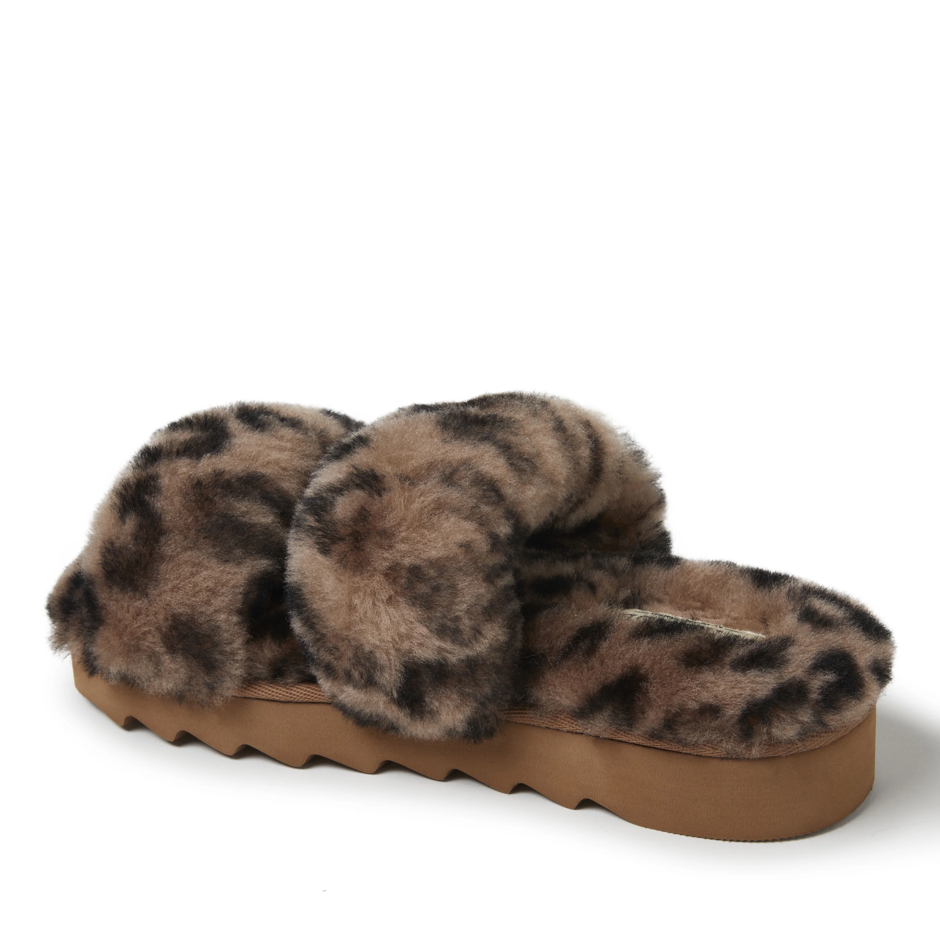 Dearfoams Women's Benalla Shearling Double Band Slide on Sawtooth Outsole
