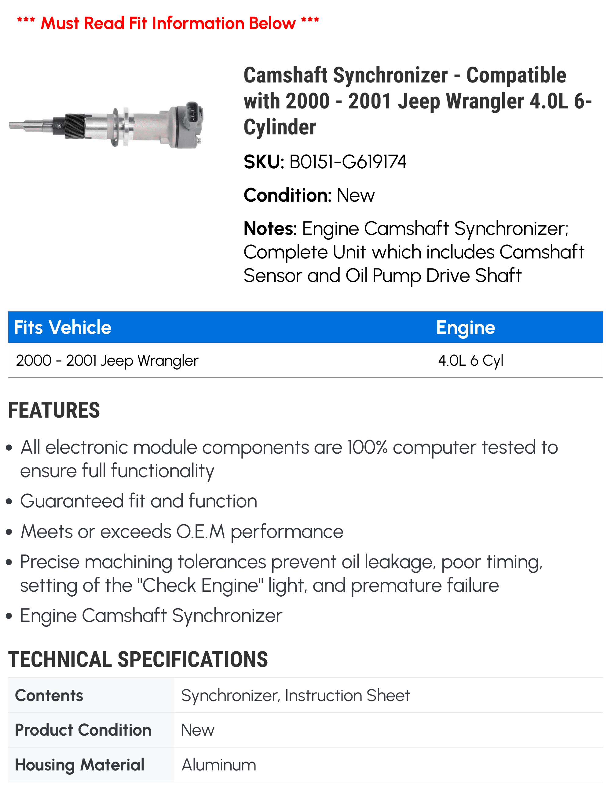 Camshaft Synchronizer - Compatible with 2000 - 2001 Jeep Wrangler 4.0L 6-Cylinder
