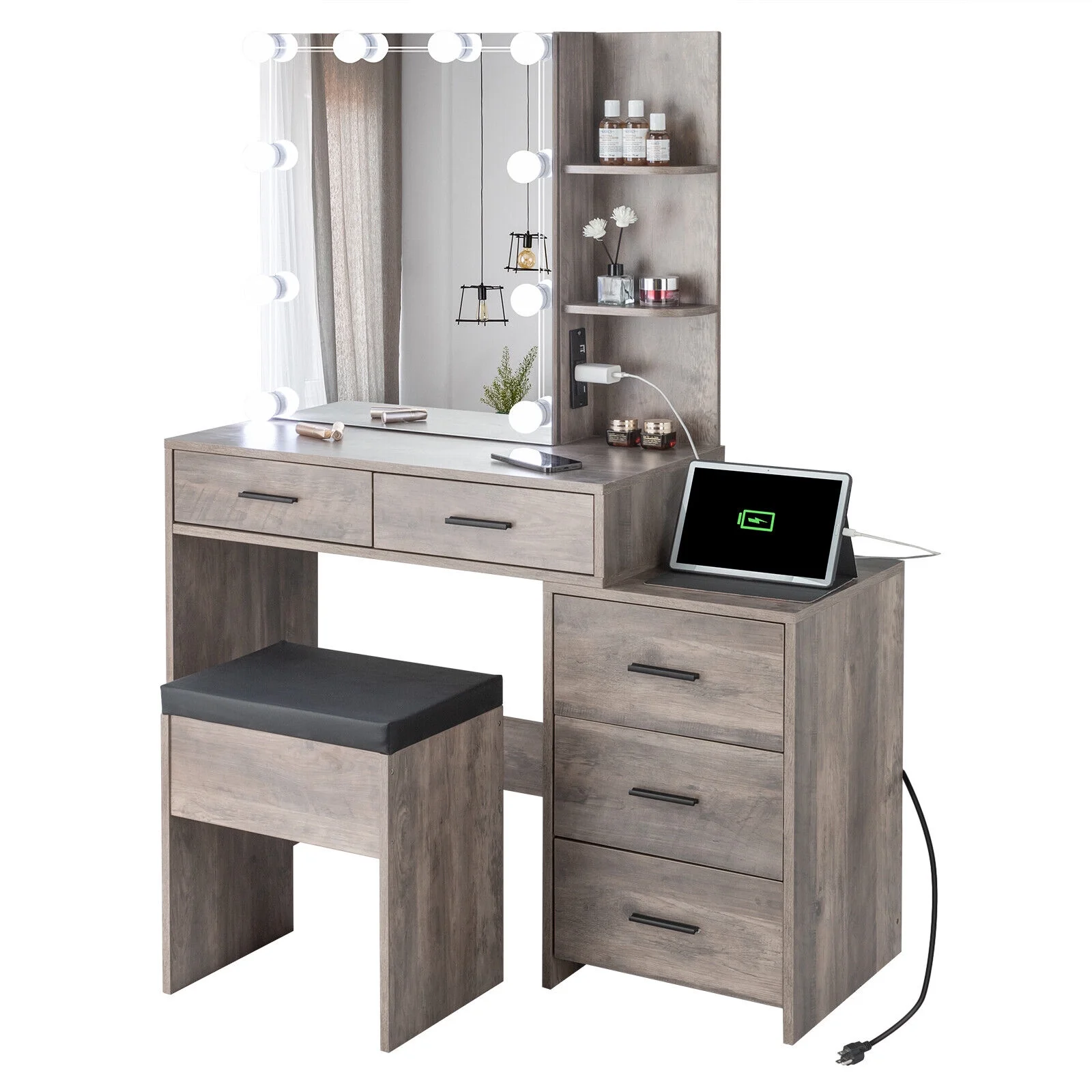 Makeup Vanity Desk Stool Set With Led Lights & Mirror Dressing Table 5 Drawers