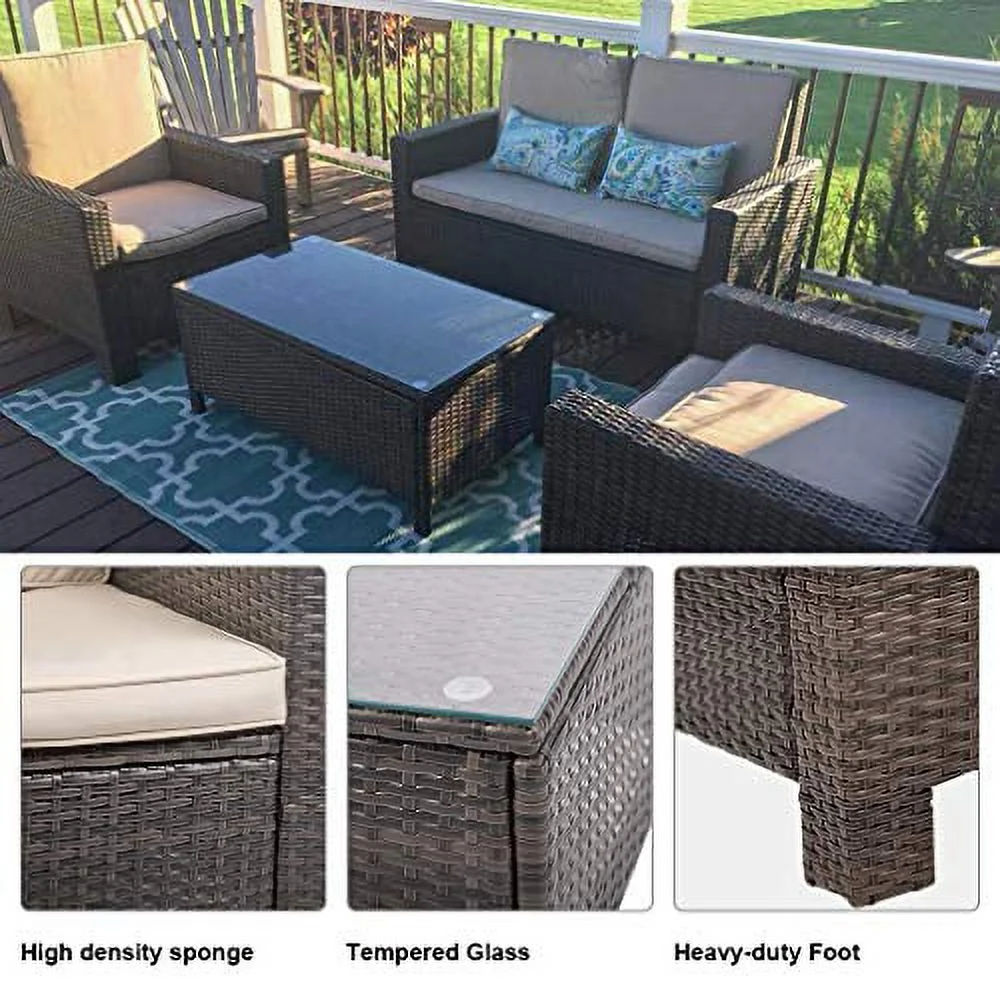 Outdoor Patio Sofa Set Sectional Furniture PE Wicker Rattan Deck Couch Sofa 4 PCS with Beige Cushions