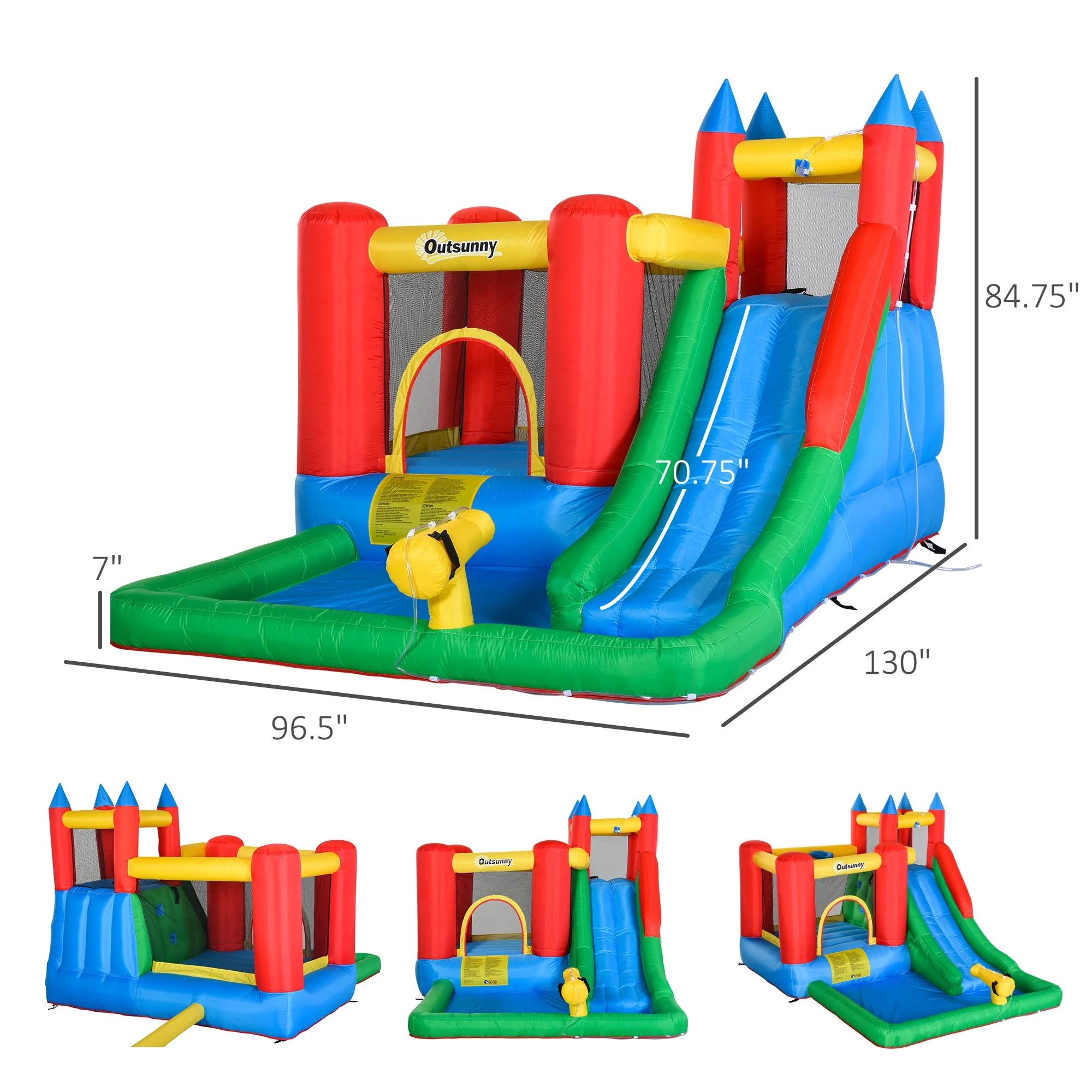 POWANLI Outsunny 6-in-1 Kids Bounce House Inflatable Water Slide with Pool, Water Cannon, Climbing Wall, Inflator Included, Jumping Castle Kids Backyard Activity Outdoor Water Play Toy